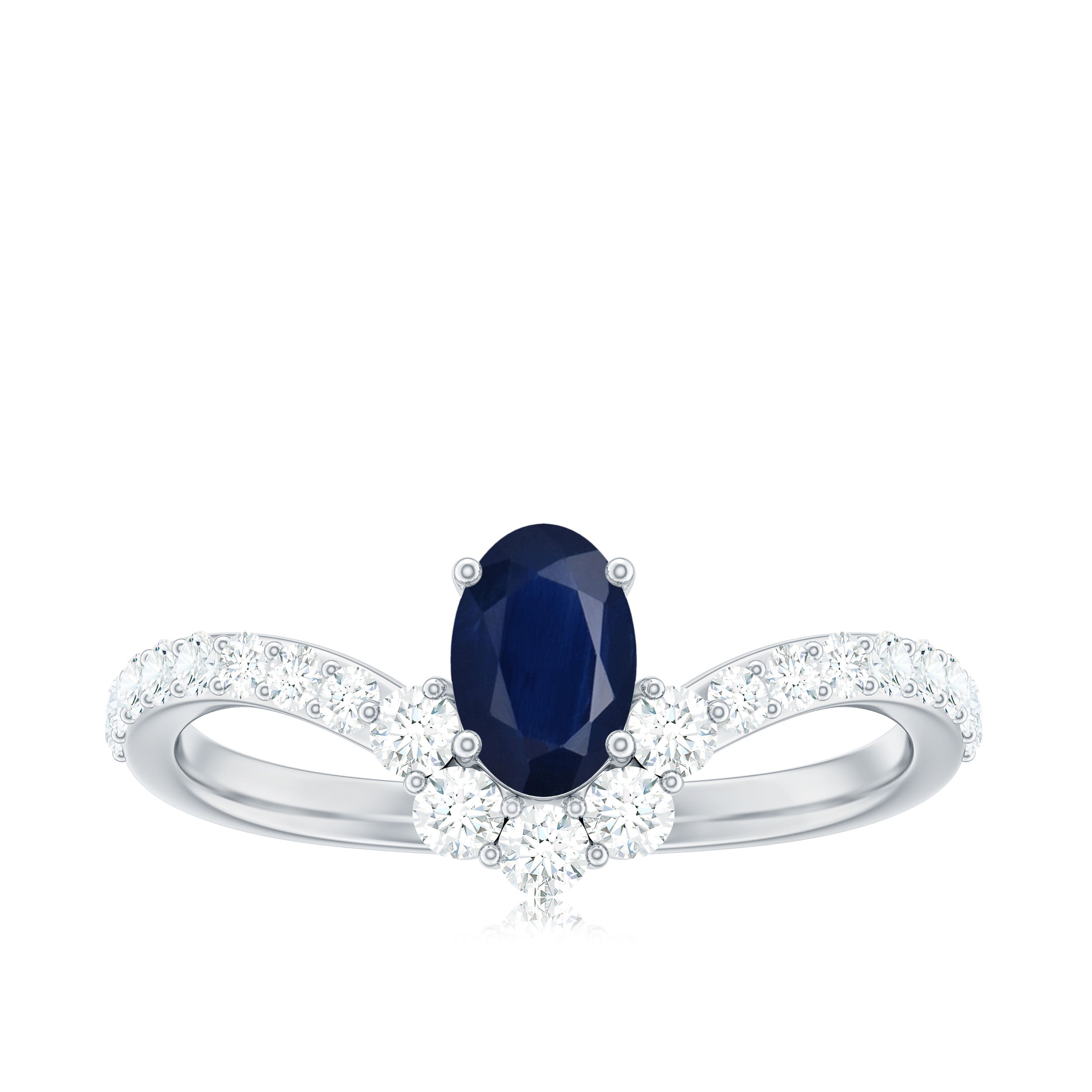 Rosec Jewels-1.25 CT Oval Cut Blue Sapphire and Diamond Chevron Ring