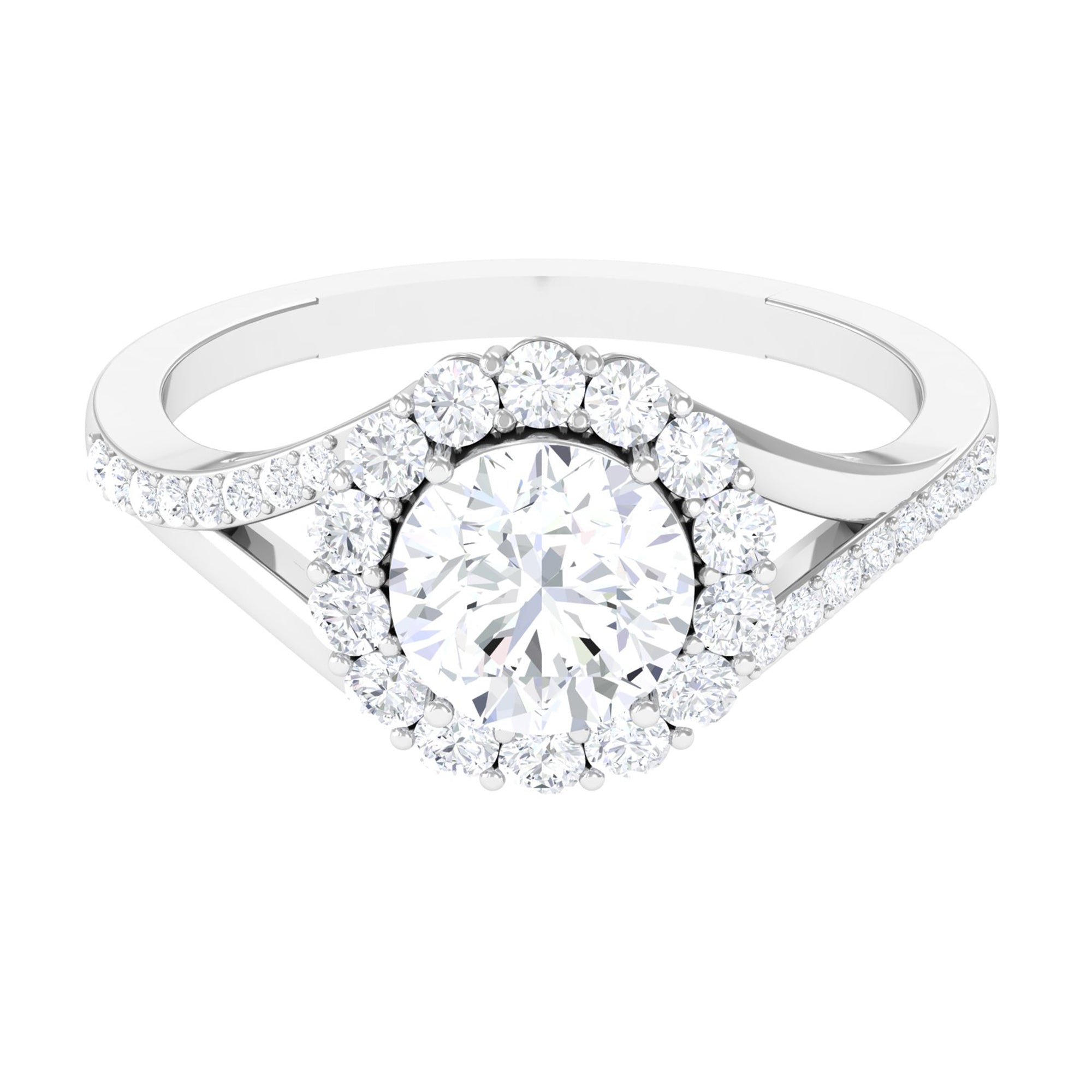 Round Zircon Halo Engagement Ring with Split Shank