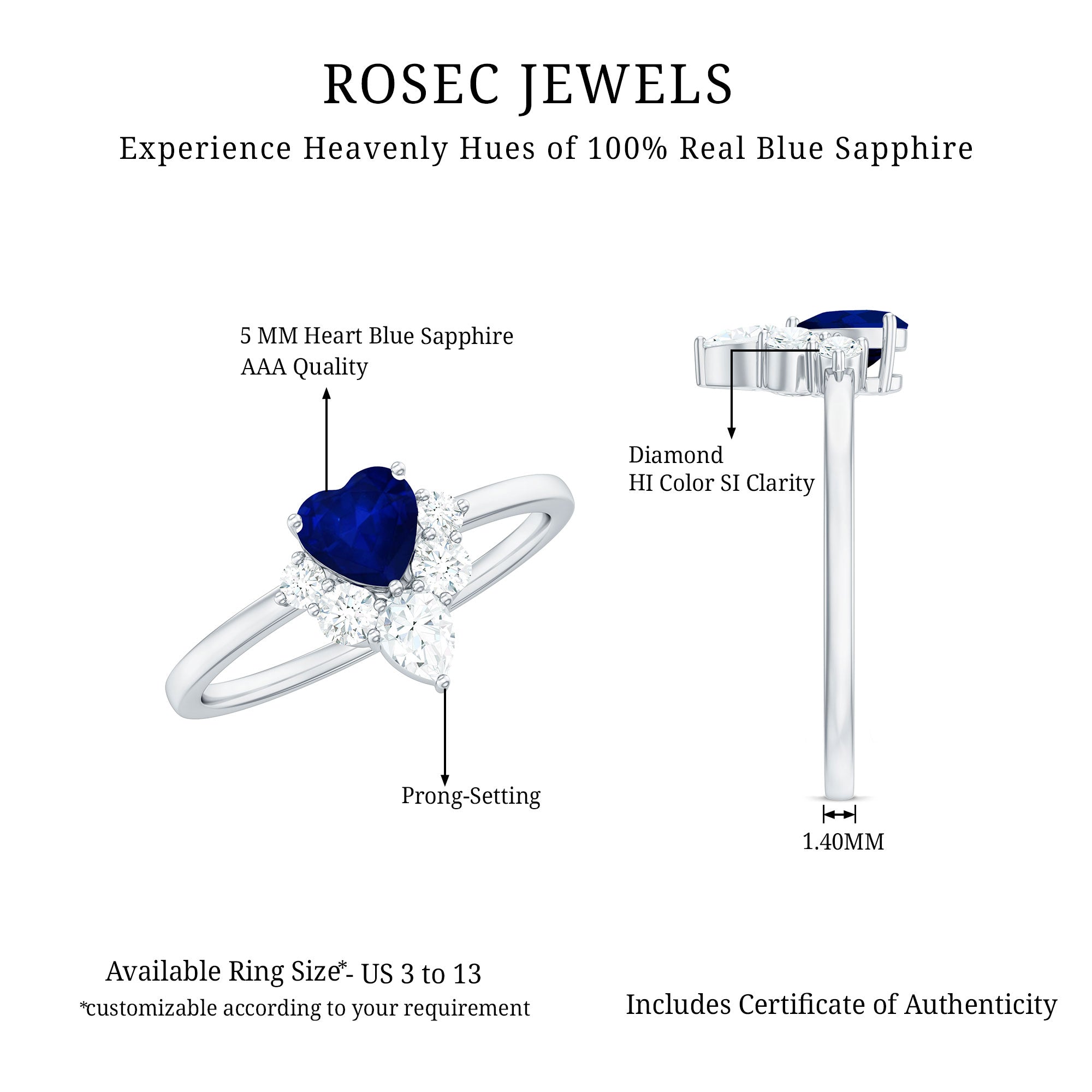 Real 0.6 Carat Heart Shape Blue Sapphire Promise Ring with Diamond AAA - Rosec Jewels