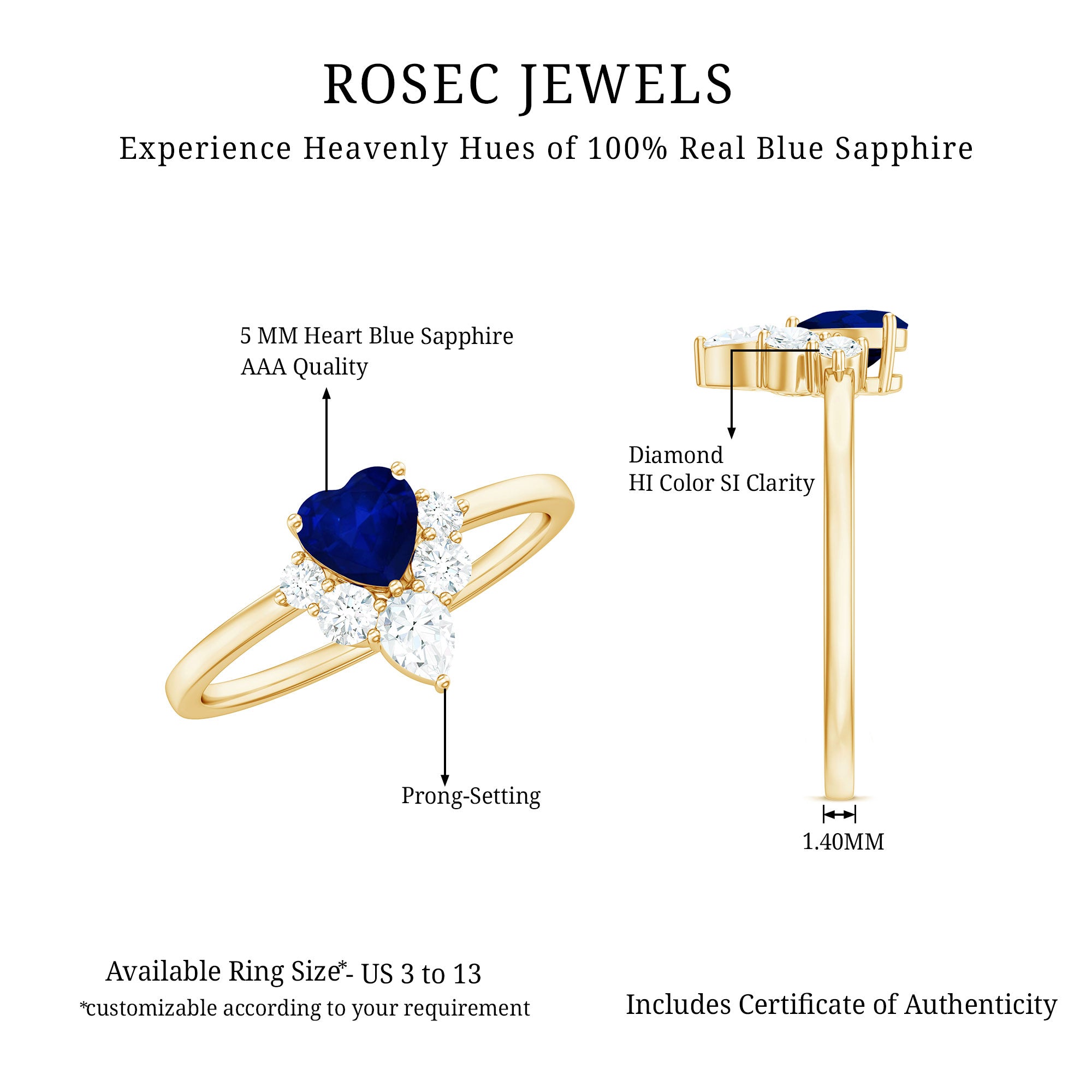Real 0.6 Carat Heart Shape Blue Sapphire Promise Ring with Diamond AAA - Rosec Jewels