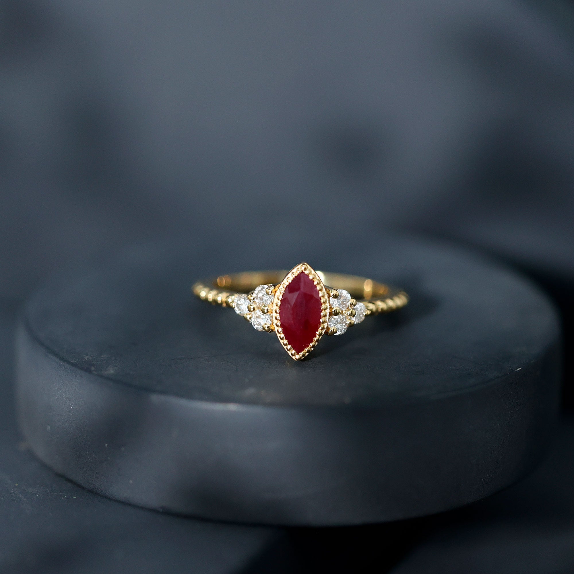 Rosec Jewels-Vintage Style 0.75 Carat Ruby Marquise Engagement Ring with Diamond Trio