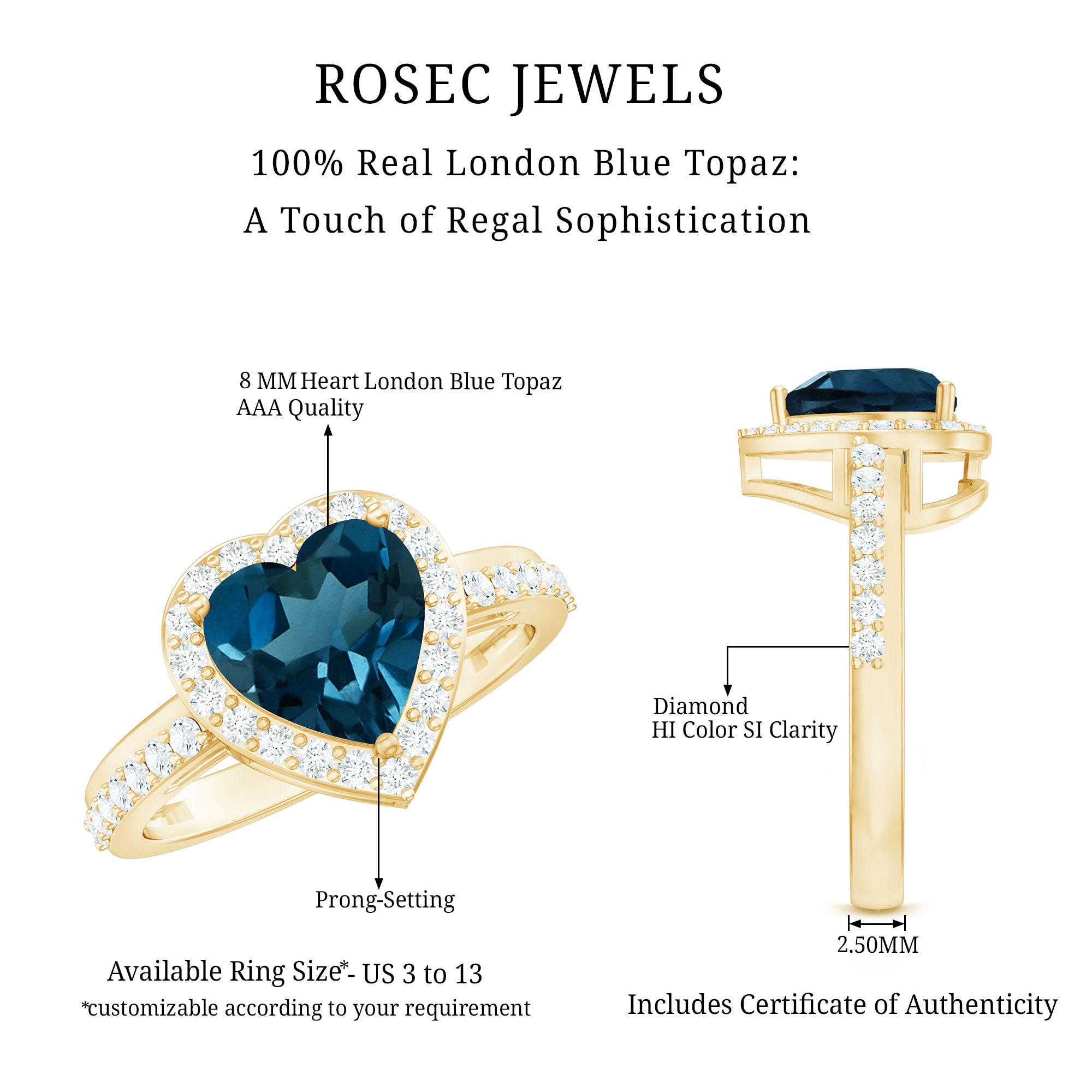 London Blue Topaz Heart Promise Ring with Diamond Halo AAA - Rosec Jewels
