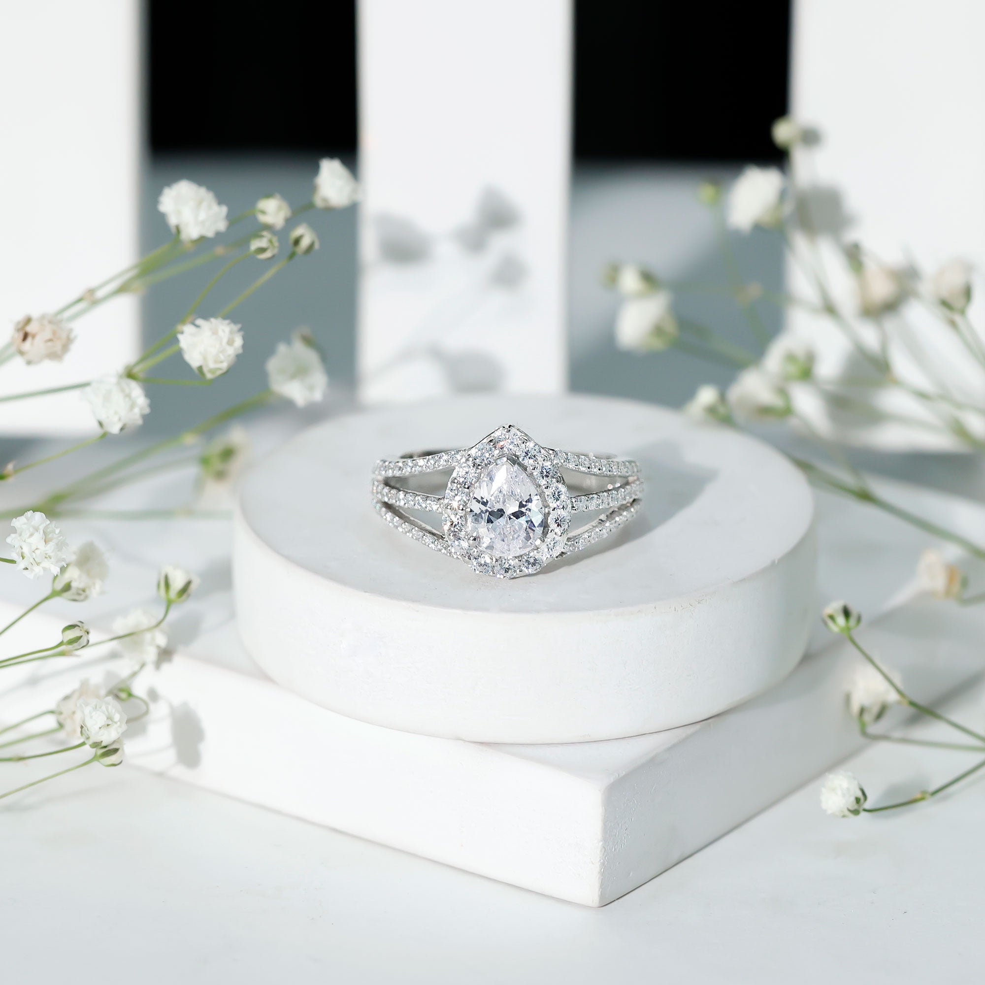 Pear Shaped Cubic Zirconia Split Shank Engagement Ring for Women AAAA - Rosec Jewels
