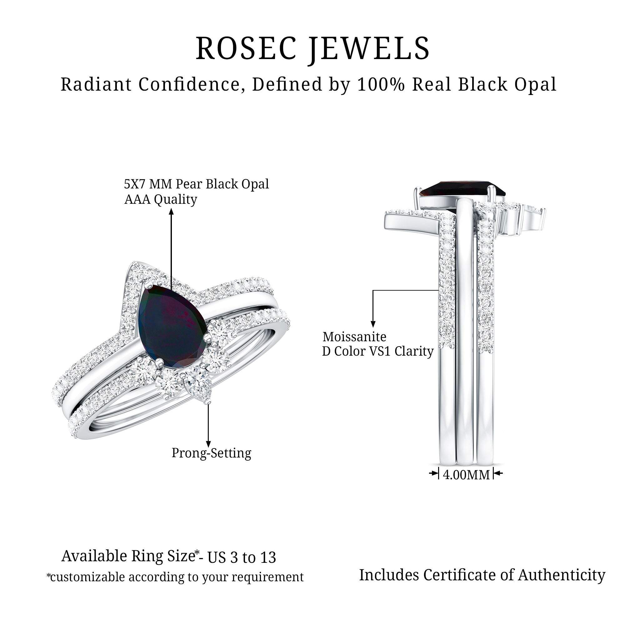Natural Black Opal Bridal Ring Set With Moissanite AAA - Rosec Jewels