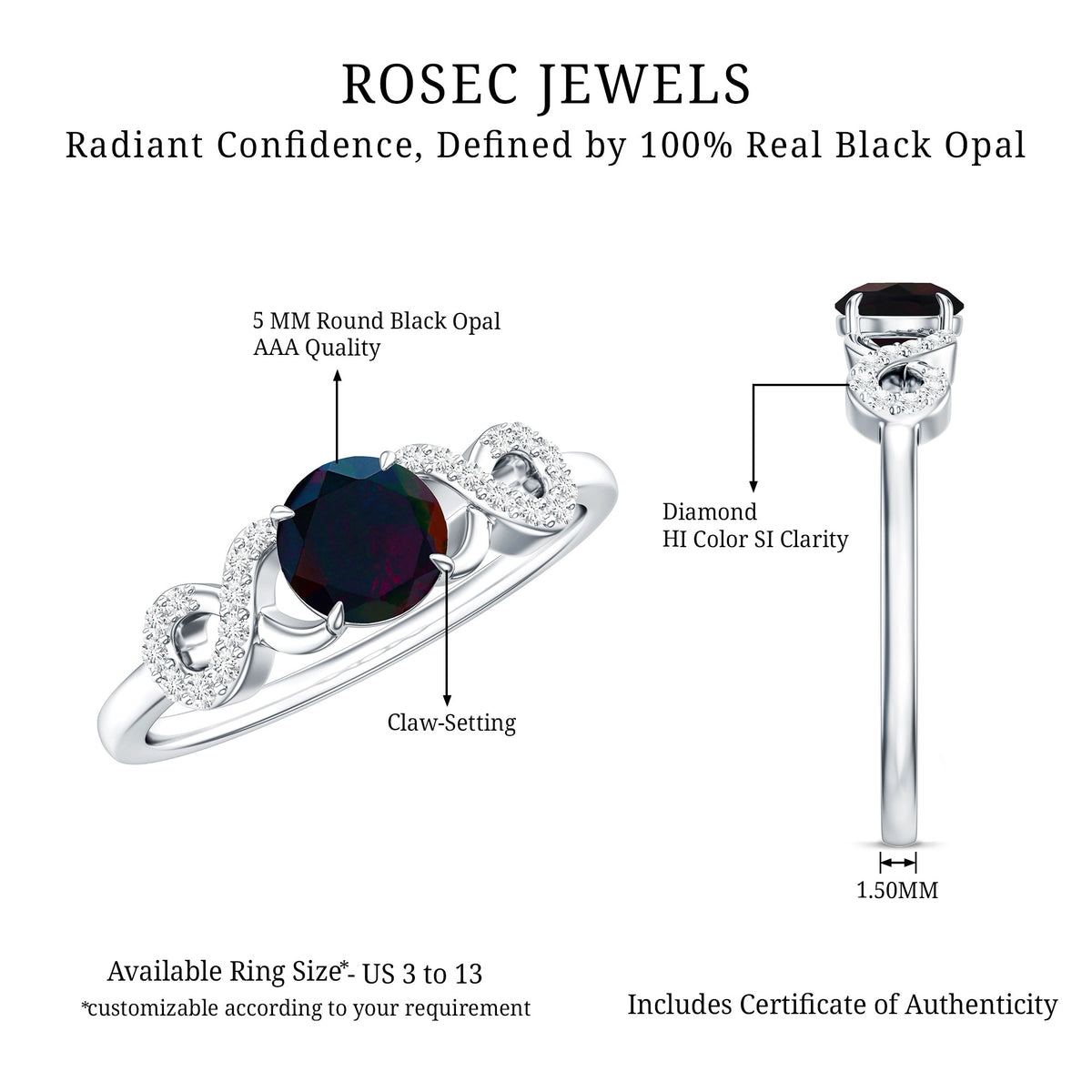 Round Black Opal Criss Cross Promise Ring with Diamond AAA - Rosec Jewels