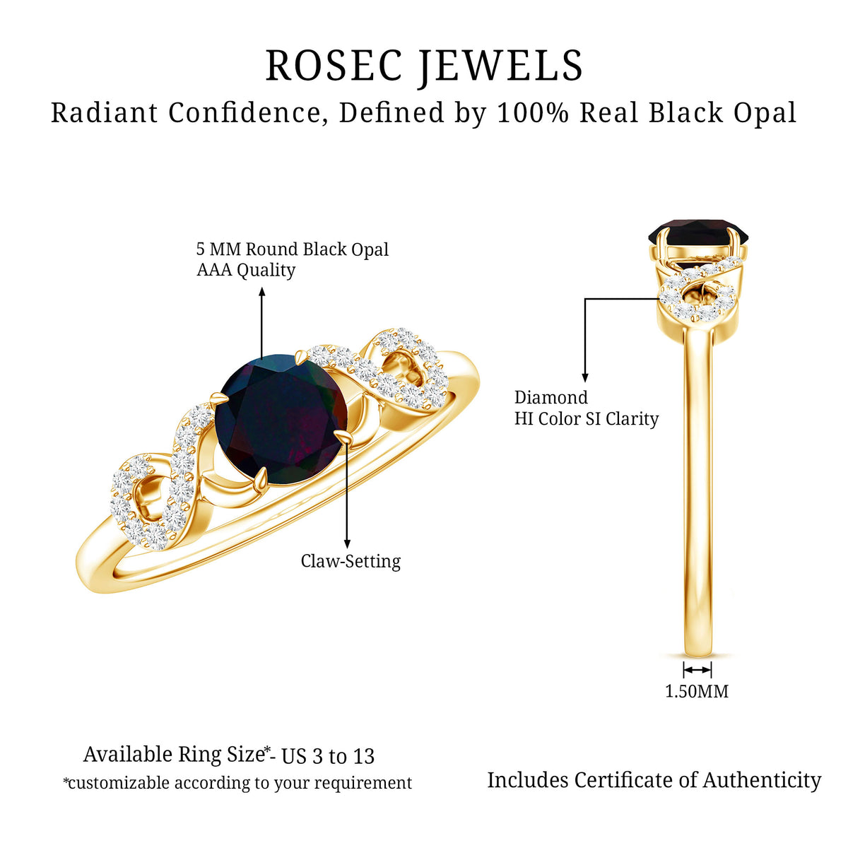 Round Black Opal Criss Cross Promise Ring with Diamond AAA - Rosec Jewels