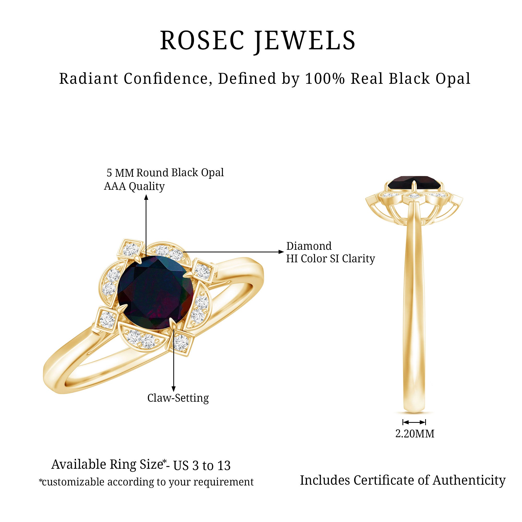 Vintage Inspired Black Opal and Diamond Engagement Ring AAA - Rosec Jewels