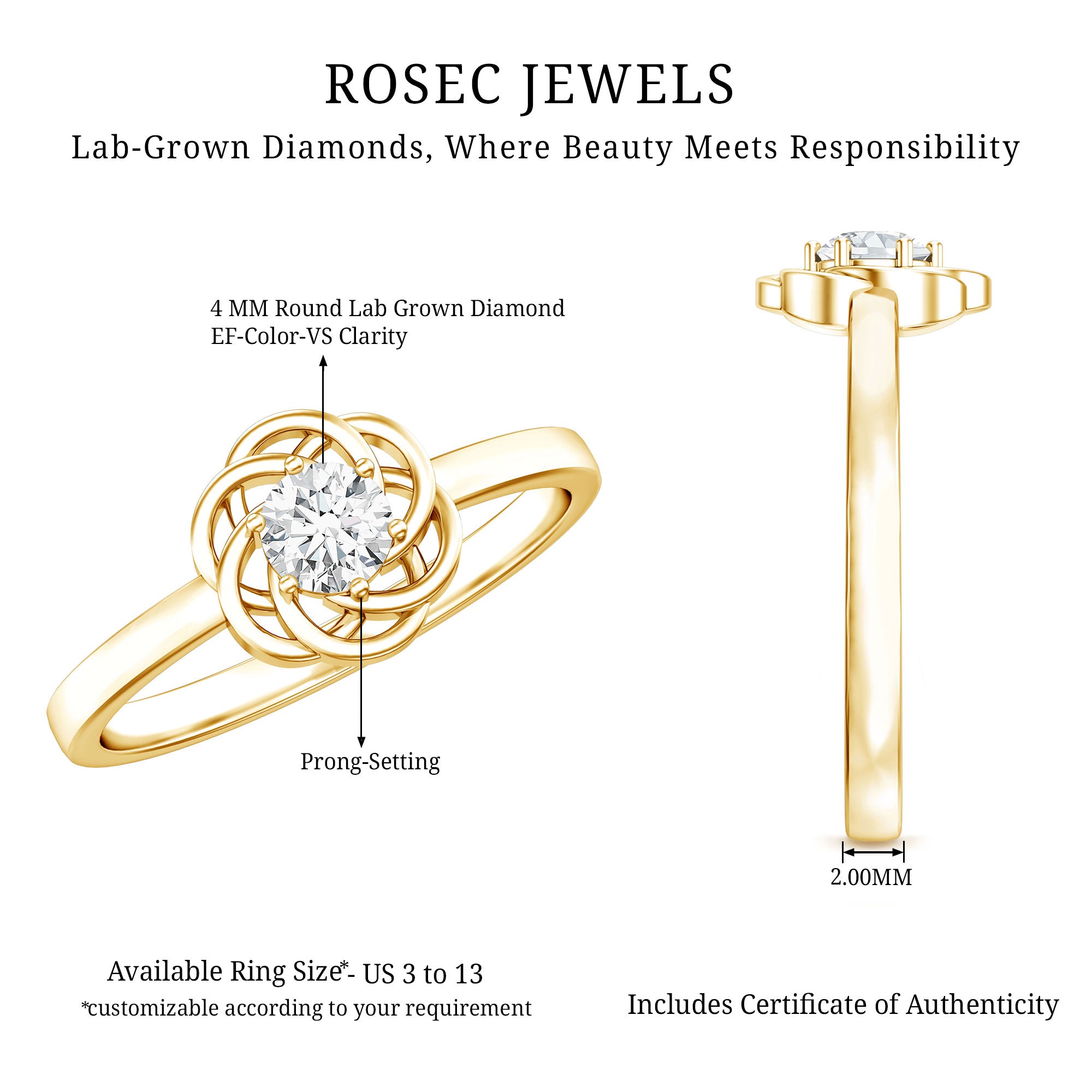 Rosec Jewels-Solitaire Lab Grown Diamond Flower Promise Ring with Certificate
