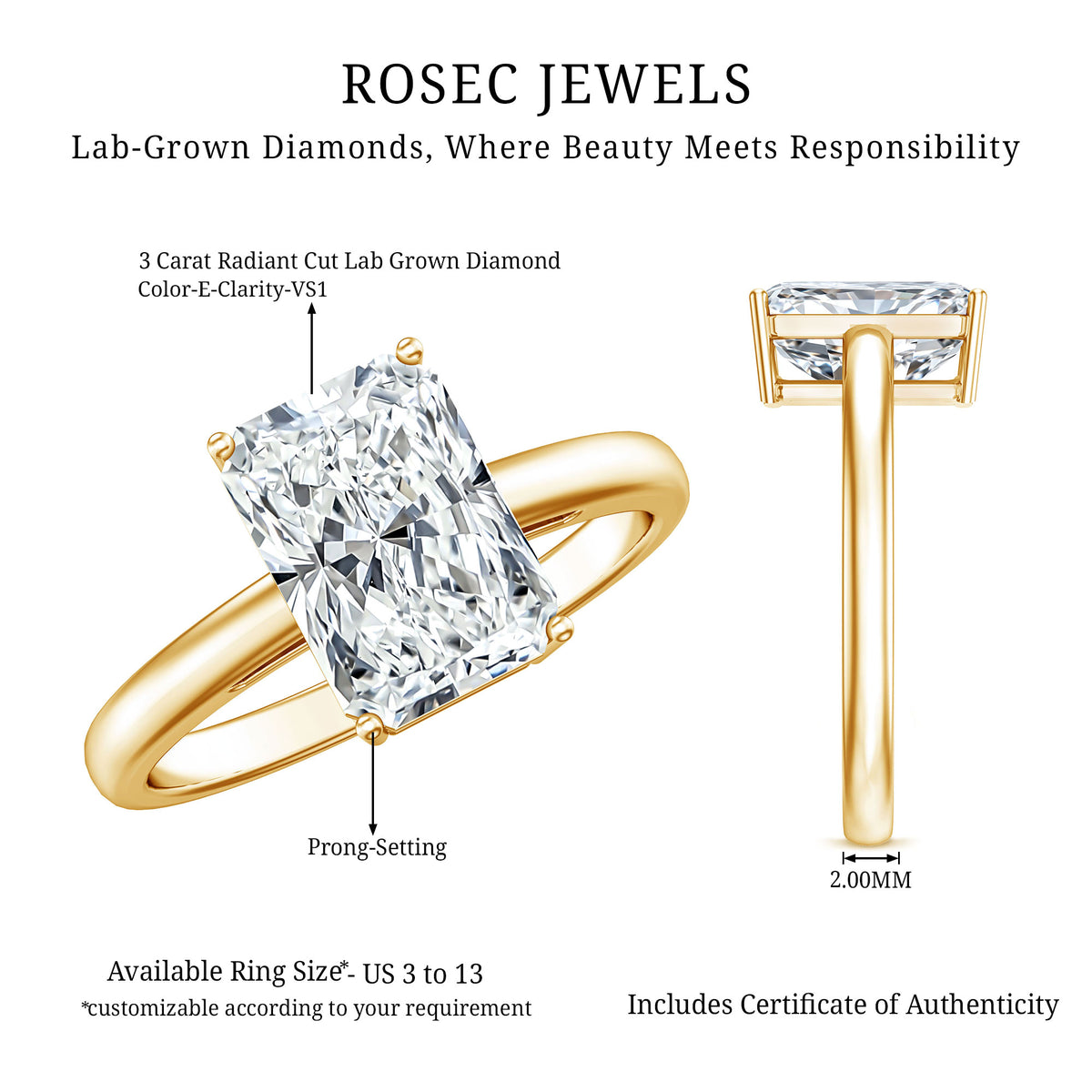 Solitaire 3 Carat Radiant Cut Lab Created Diamond Engagement Ring IGI Certified Lab - ( E-VS1 ) - Rosec Jewels