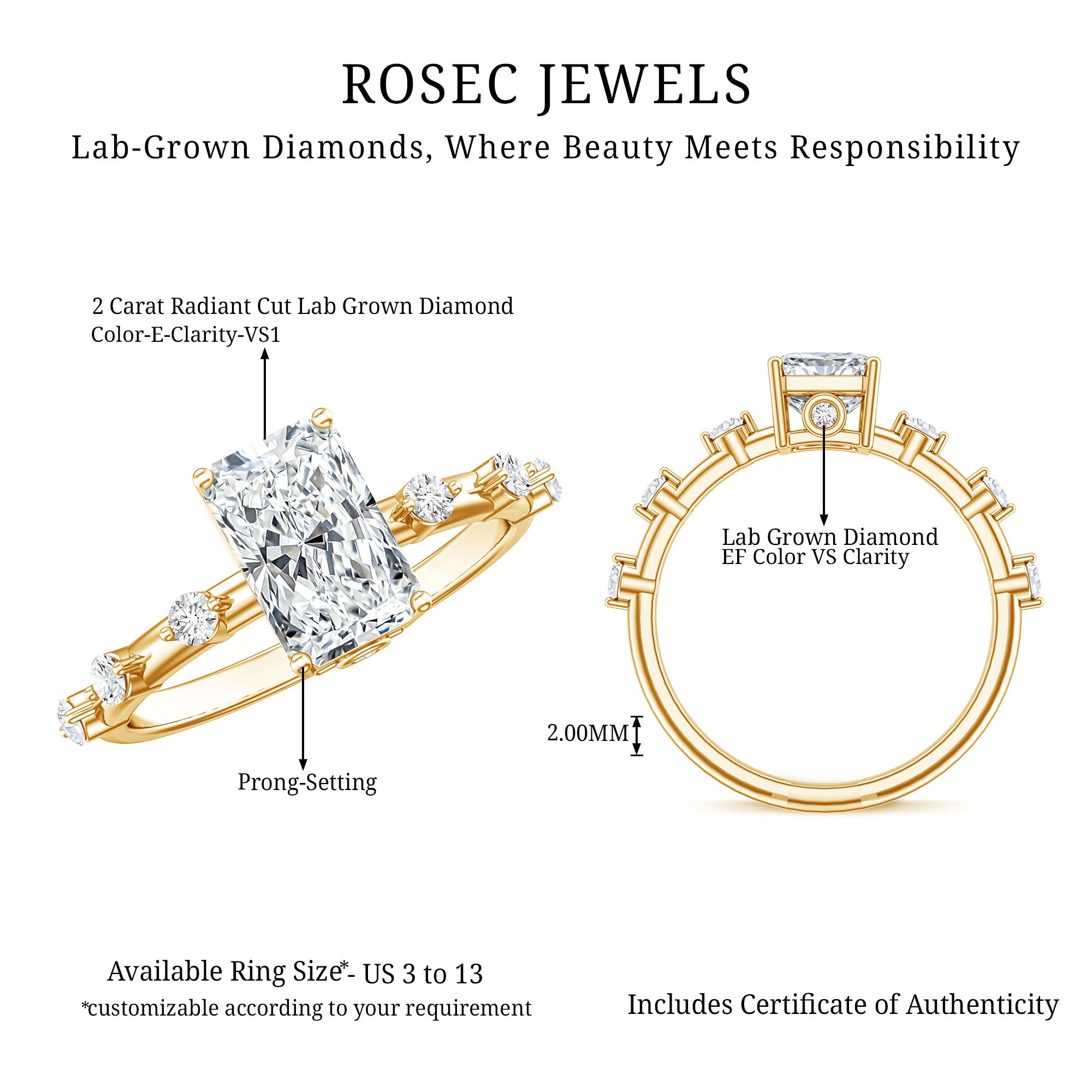 IGI Certified 2 Carat Radiant Cut Lab Grown Diamond Engagement Ring with Spaced Accent Lab - ( E-VS1 ) - Rosec Jewels