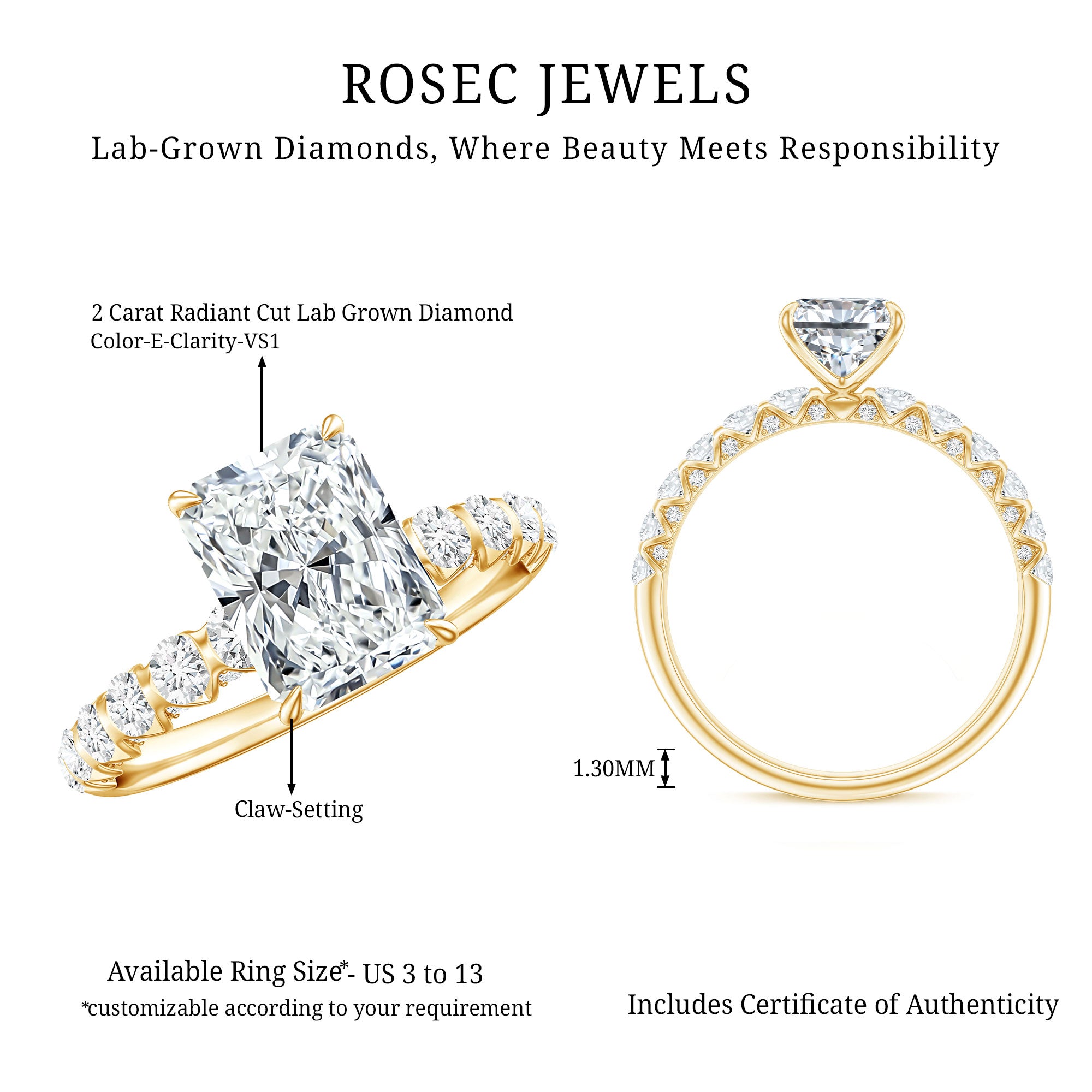 Lab Grown 2 Carat Diamond Radiant Cut Side Stone Engagement Ring IGI Certified Lab - ( E-VS1 ) - Rosec Jewels