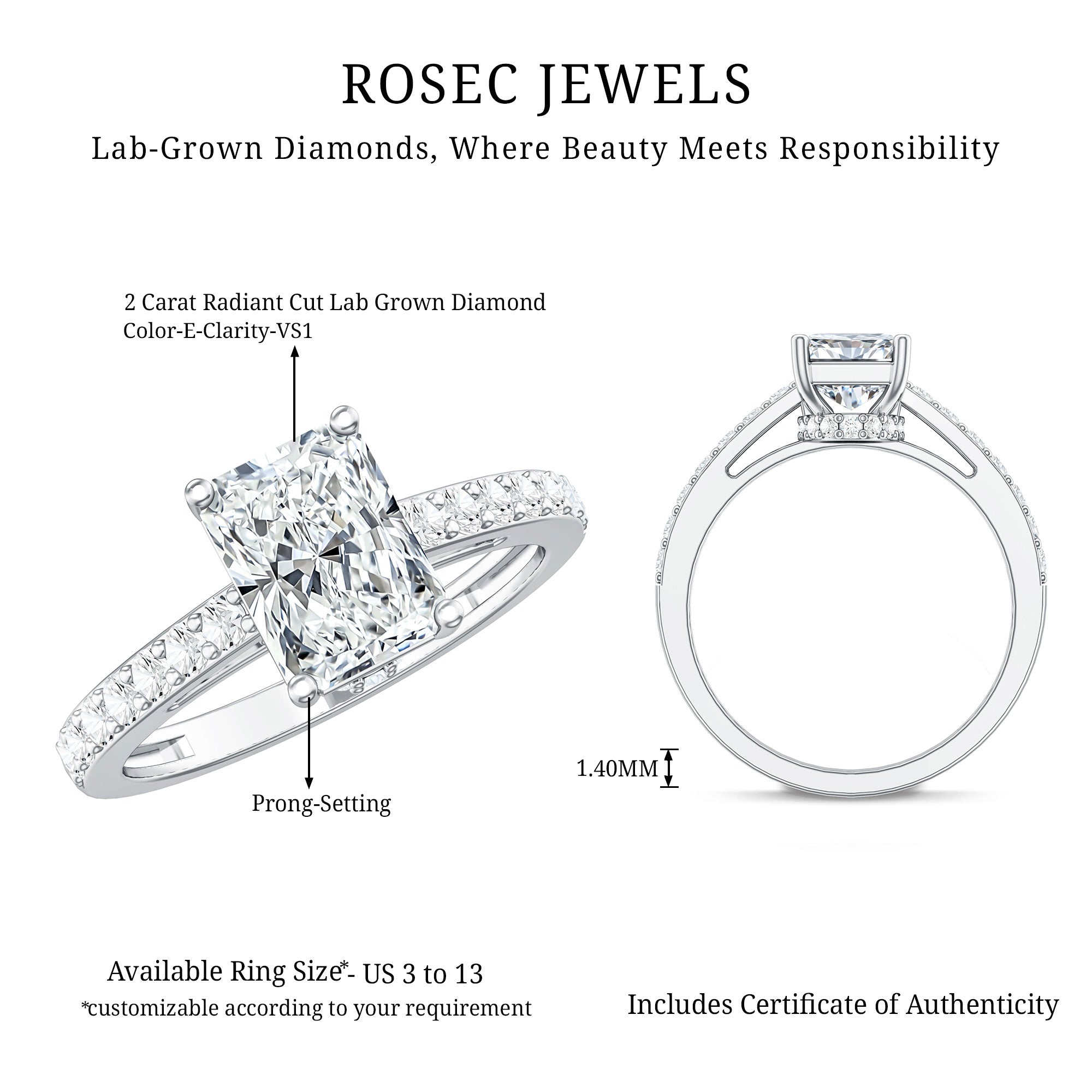 IGI Certified Radiant Cut Lab Grown Diamond Hidden Halo Engagement Ring 2 Carat Lab - ( E-VS1 ) - Rosec Jewels