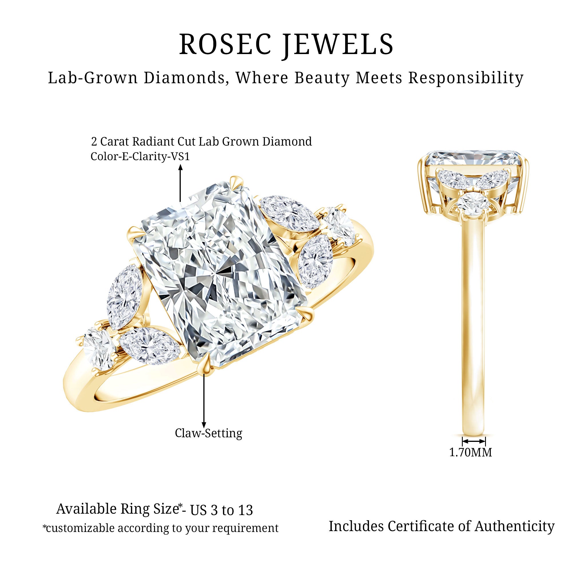 IGI Certified 2 Carat Lab Grown Diamond Engagement Ring with Radiant Cut Lab - ( E-VS1 ) - Rosec Jewels