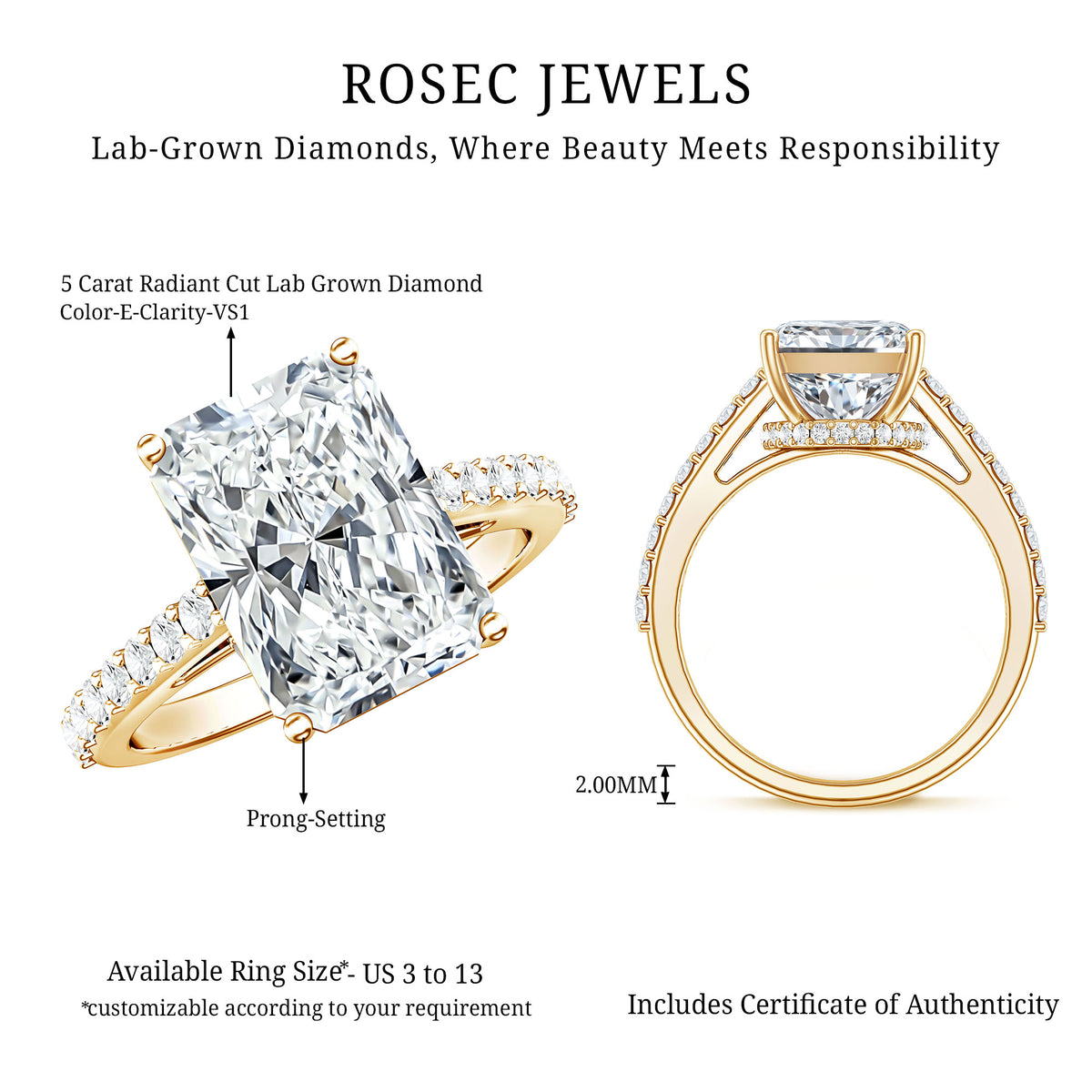 IGI Certified 5 Carat Lab Grown Diamond Solitaire Radiant Cut Engagement Ring Lab - ( E-VS1 ) - Rosec Jewels