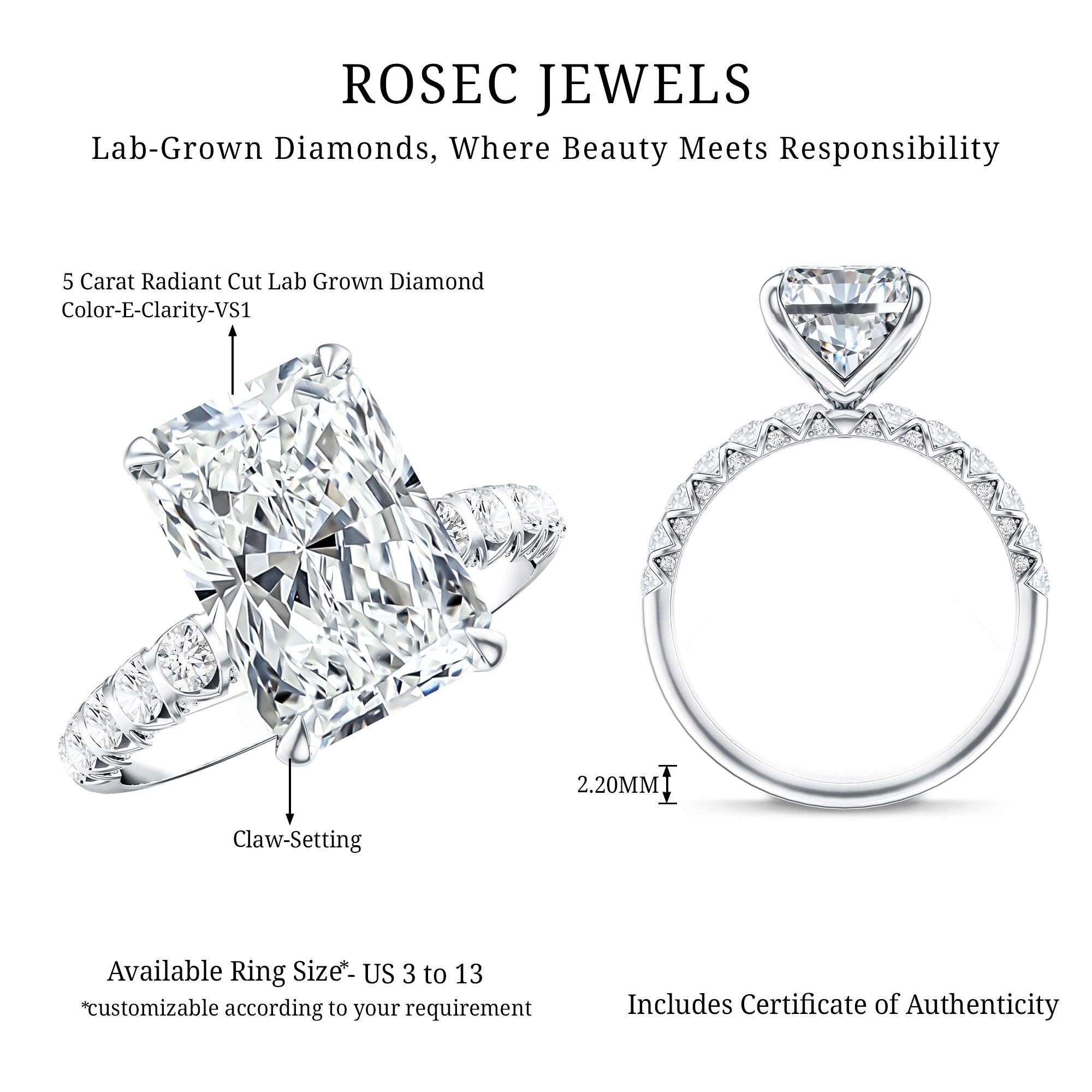 Rosec Jewels-Radiant Cut Lab Grown Diamond Huge Engagement Ring 5 Carat IGI Certified
