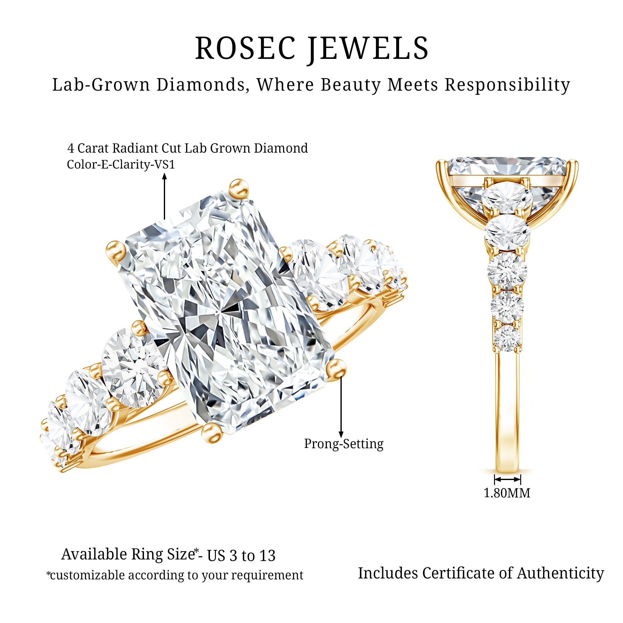 IGI Certified 4 Carat Radiant Cut Lab Grown Diamond Statement Ring with Side Stones Lab - ( E-VS1 ) - Rosec Jewels
