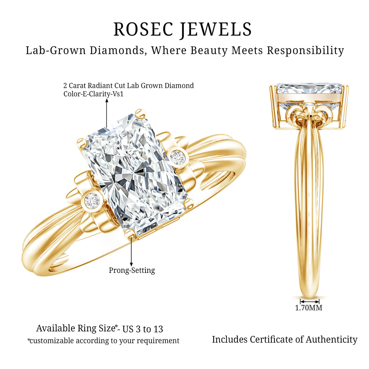 IGI Certified 2 Carat Lab Grown Diamond Radiant Cut Engagement Ring with Bow Lab - ( E-VS1 ) - Rosec Jewels