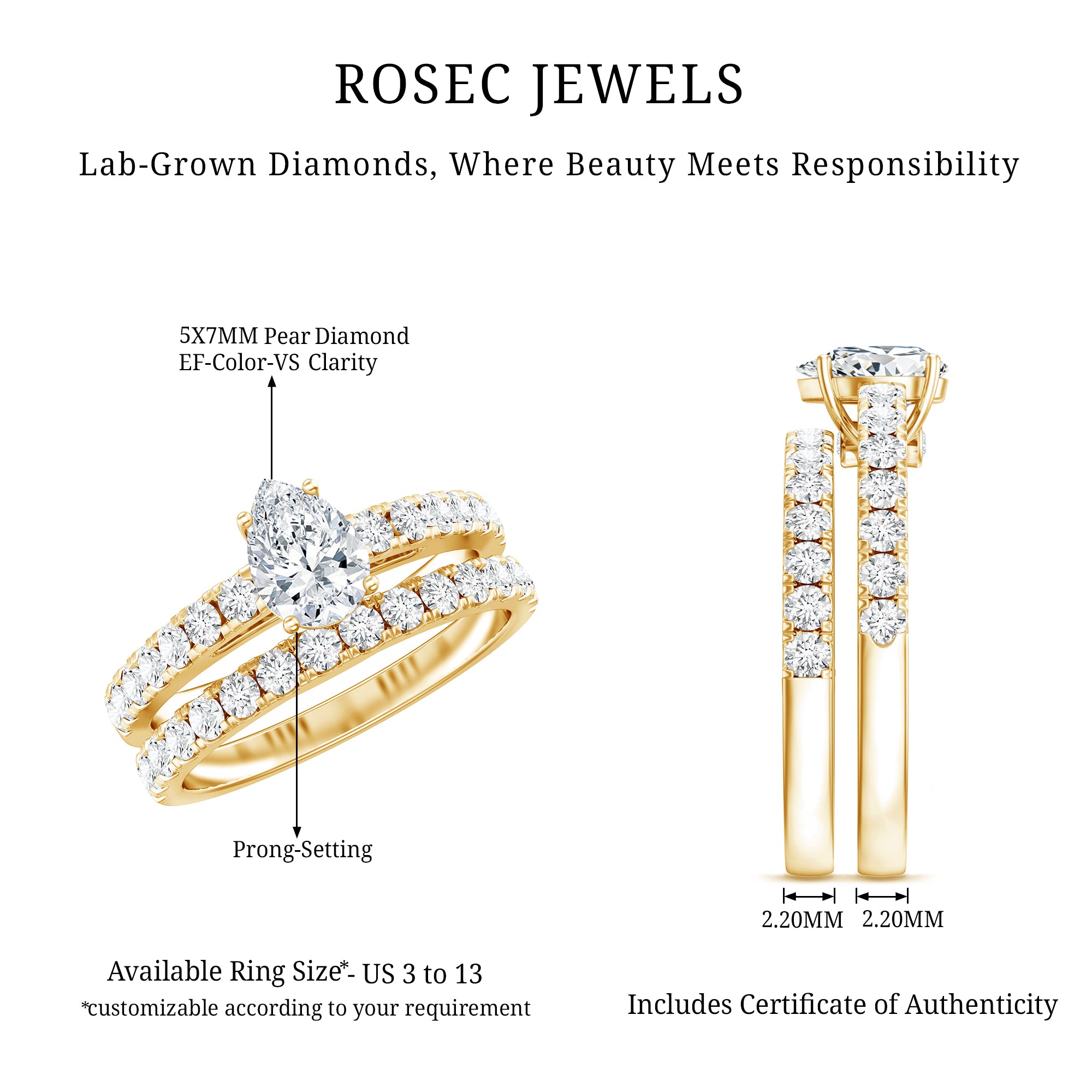 1 Carat Pear Shaped Lab Grown Diamond Wedding Ring Set with IGI Certificate Lab - ( E-VS1 ) - Rosec Jewels