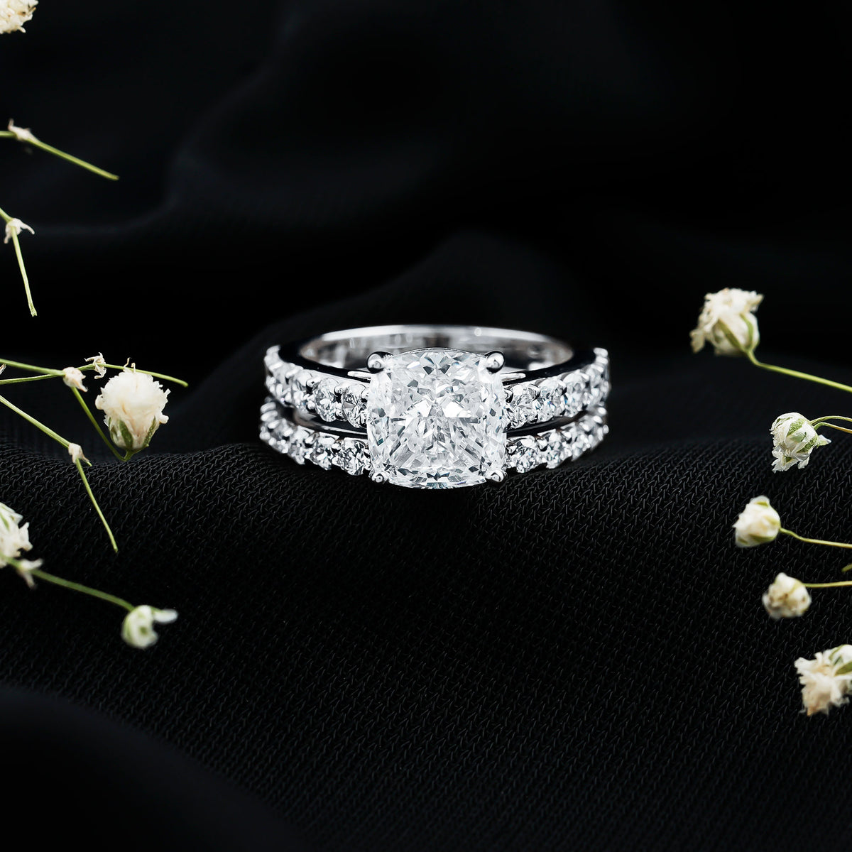 IGI Certified 3 Carat Lab Grown Diamond Cushion Cut Engagement Ring with Wedding Band Lab - ( E-VS1 ) - Rosec Jewels
