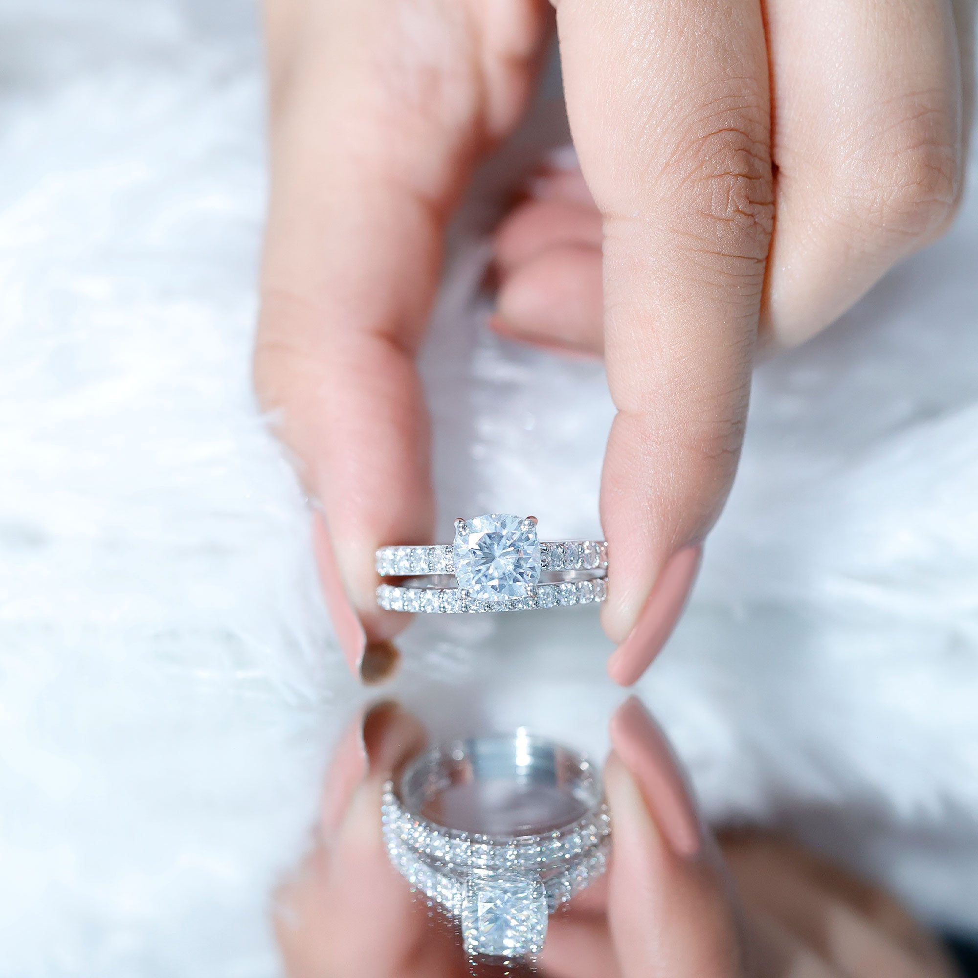 IGI Certified 3 Carat Lab Grown Diamond Cushion Cut Engagement Ring with Wedding Band Lab - ( E-VS1 ) - Rosec Jewels