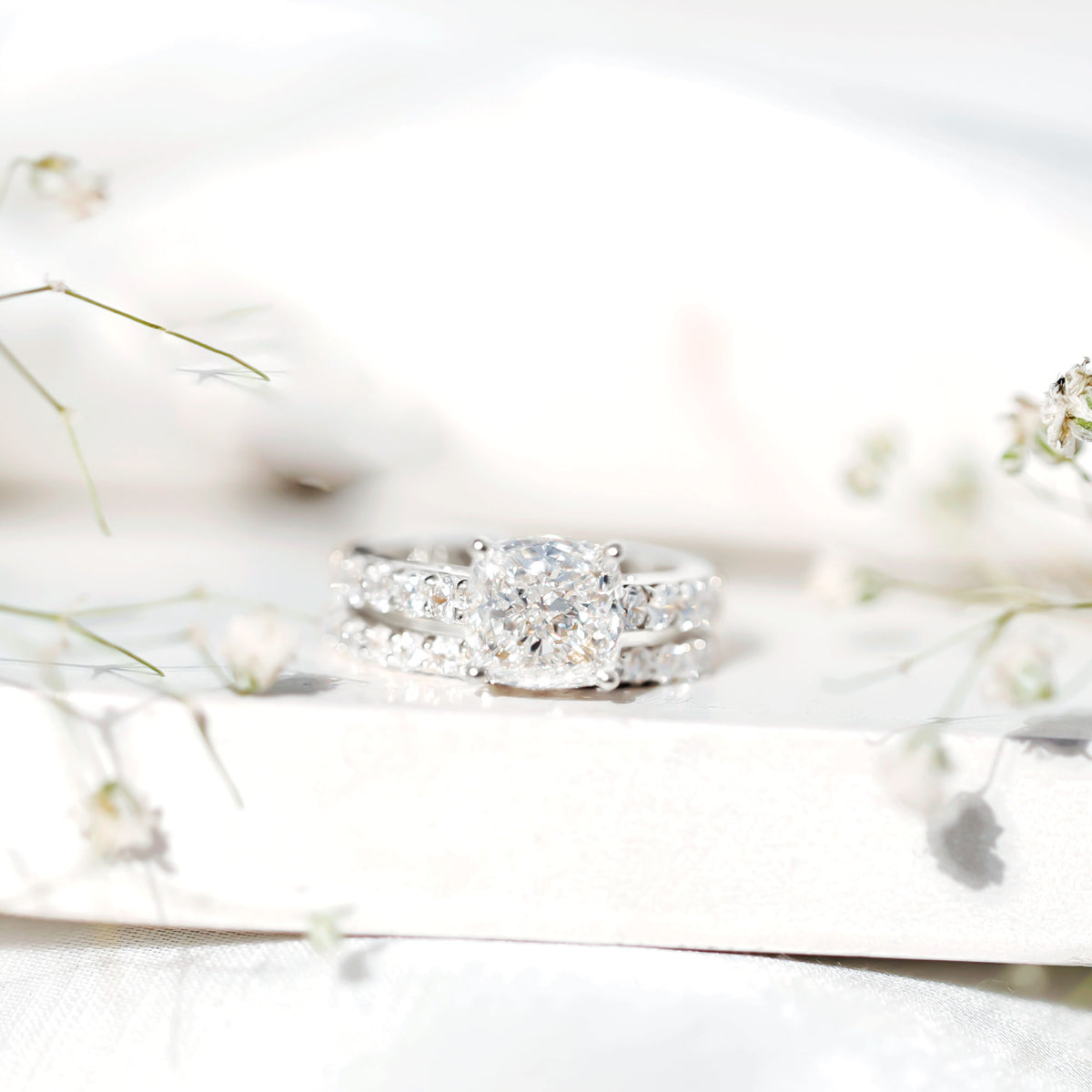 IGI Certified 3 Carat Lab Grown Diamond Cushion Cut Engagement Ring with Wedding Band Lab - ( E-VS1 ) - Rosec Jewels