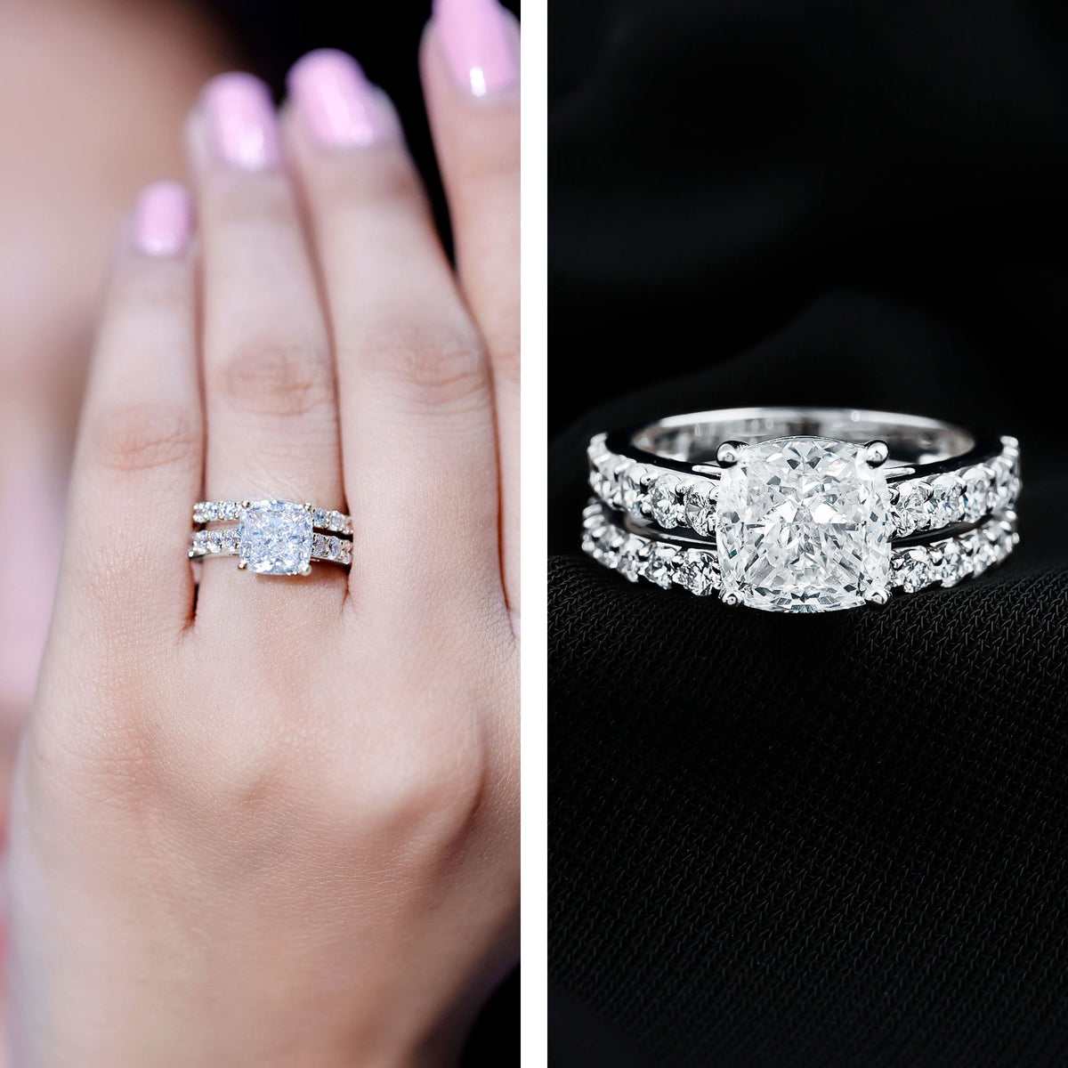 IGI Certified 3 Carat Lab Grown Diamond Cushion Cut Engagement Ring with Wedding Band Lab - ( E-VS1 ) - Rosec Jewels