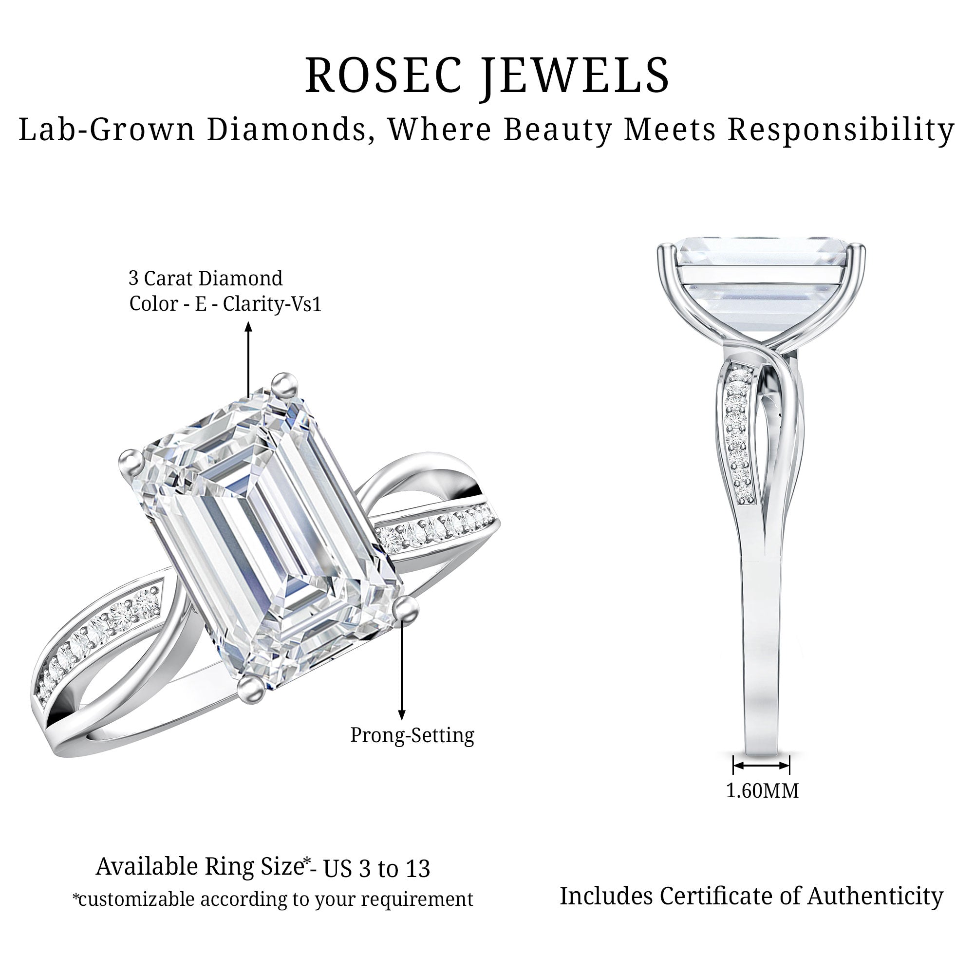 Rosec Jewels-3 Carat Emerald Cut Lab Grown Diamond Infinity Engagement Ring IGI Certified