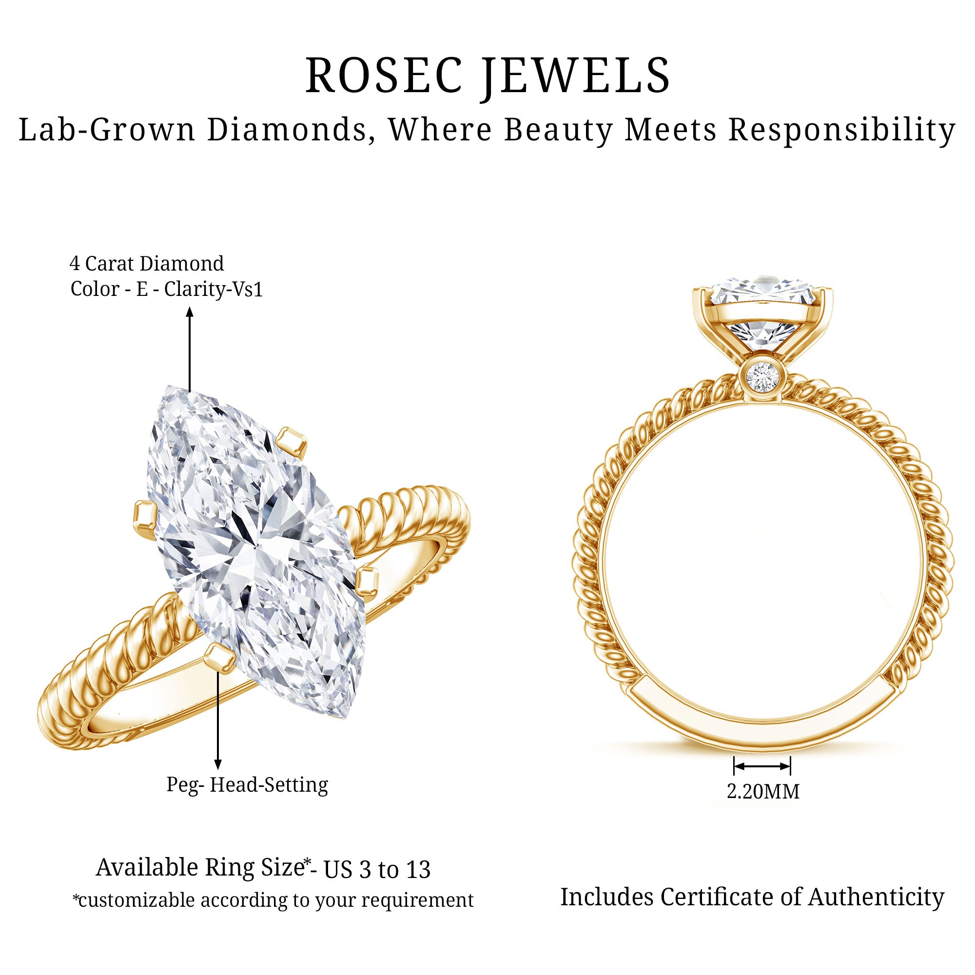 Rosec Jewels-3 Carat Lab Grown Diamond Marquise Engagement Ring IGI Certified