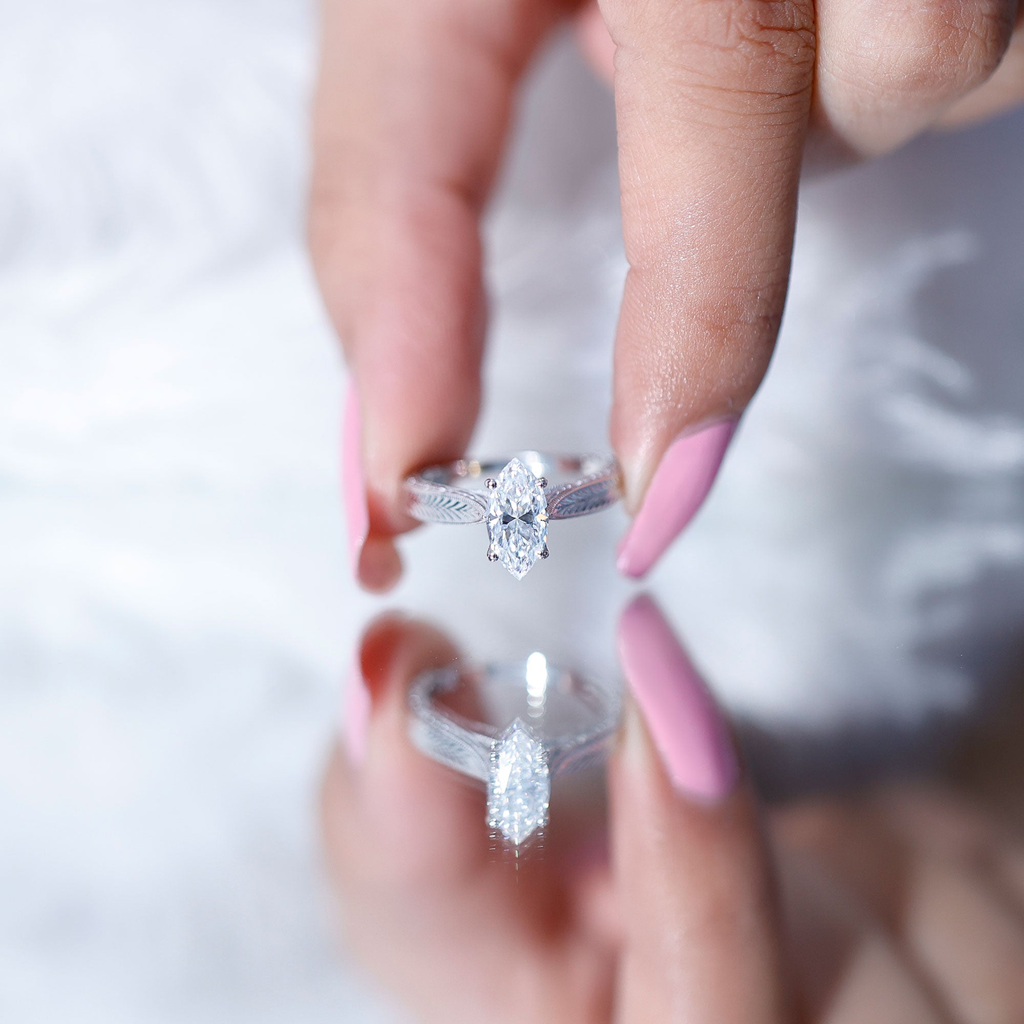 IGI Certified Vintage Looking Engraved Engagement Ring with 1 Carat Marquise Lab Diamond Lab - ( E-VS1 ) - Rosec Jewels