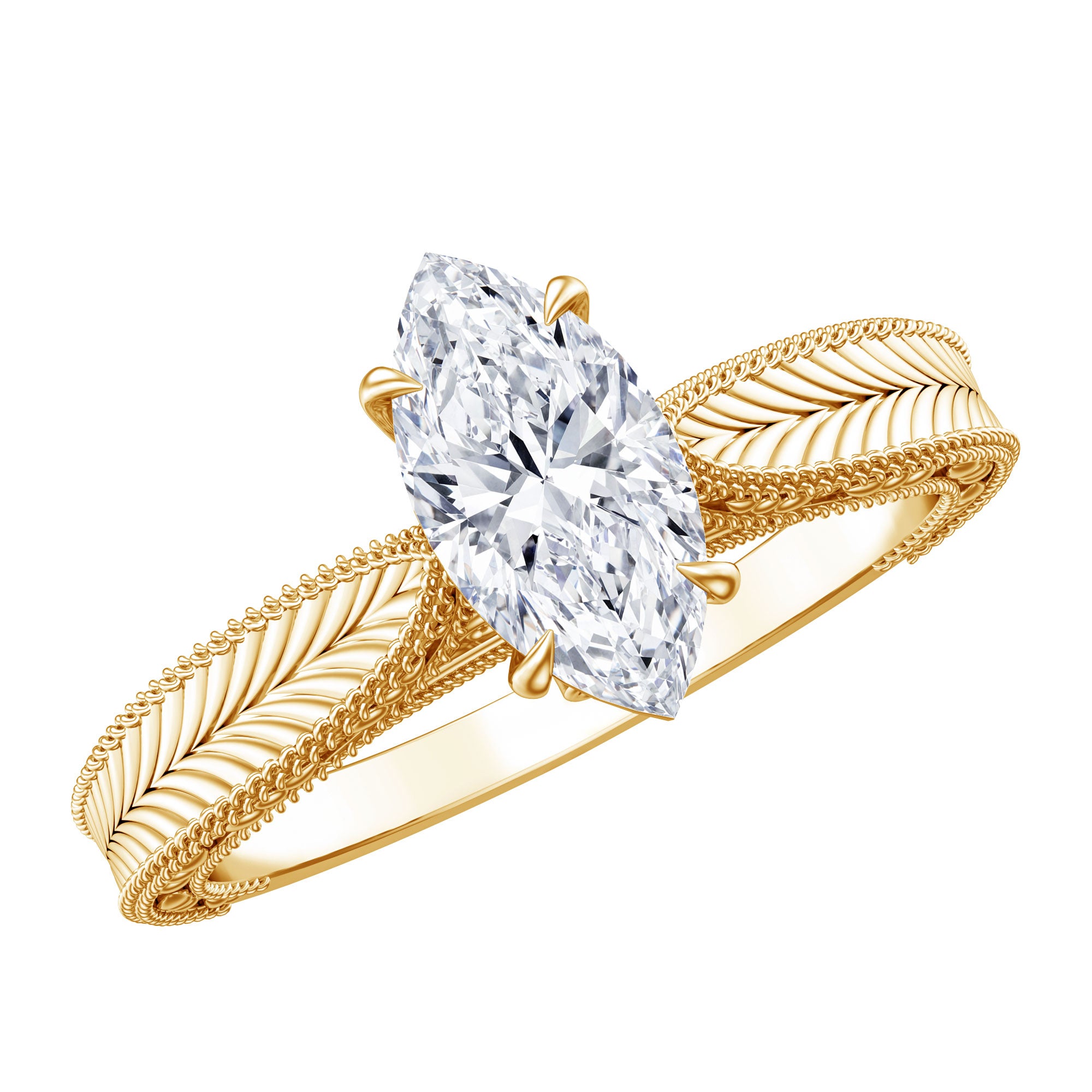 IGI Certified Vintage Looking Engraved Engagement Ring with 1 Carat Marquise Lab Diamond Lab - ( E-VS1 ) - Rosec Jewels