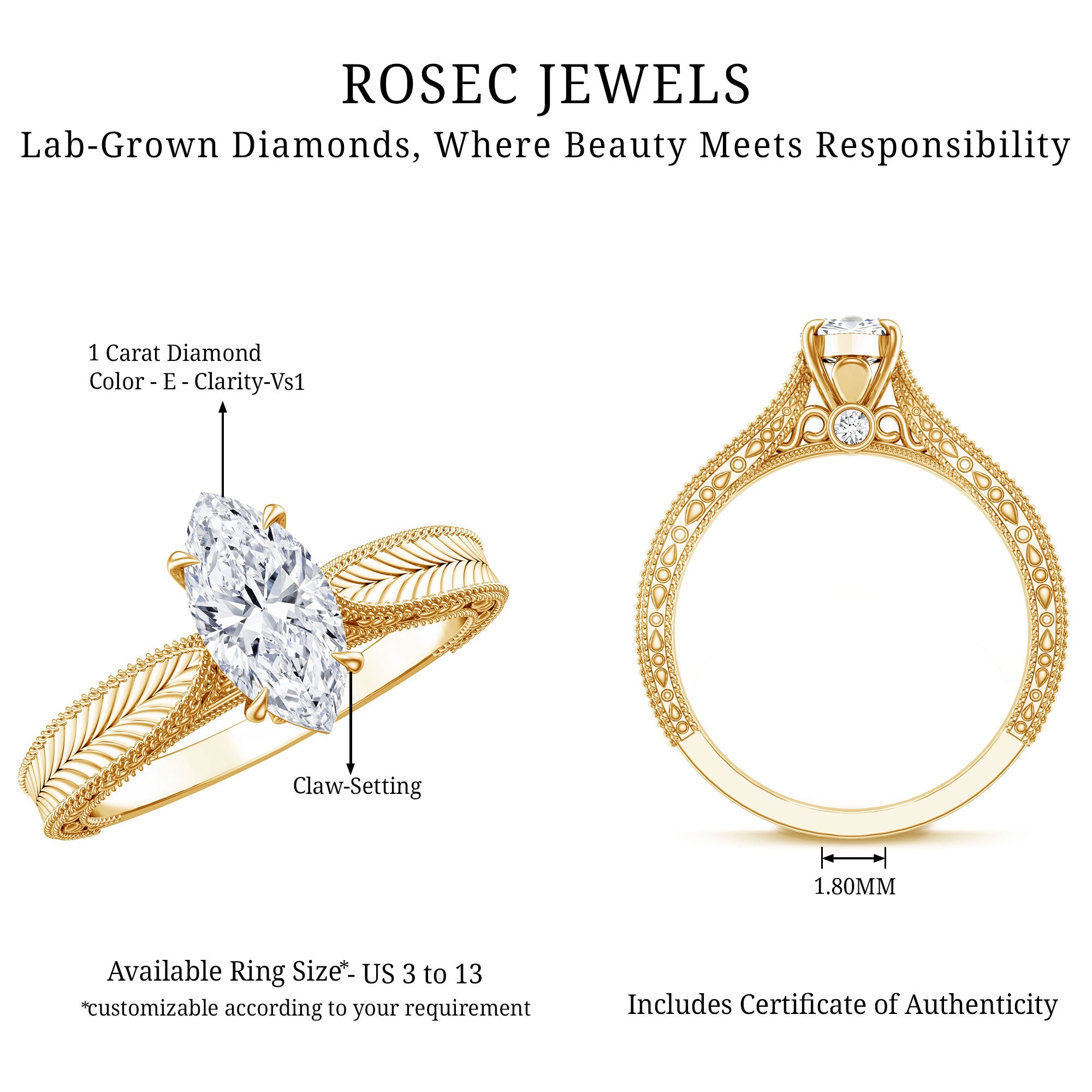 IGI Certified Vintage Looking Engraved Engagement Ring with 1 Carat Marquise Lab Diamond Lab - ( E-VS1 ) - Rosec Jewels