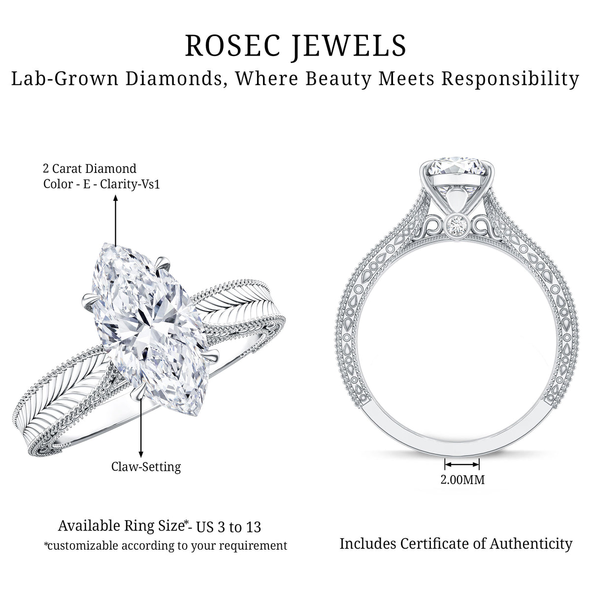 IGI Certified Antique Looking 2 Carat Marquise Lab Diamond Engagement Ring with Engraved Shank Lab - ( E-VS1 ) - Rosec Jewels