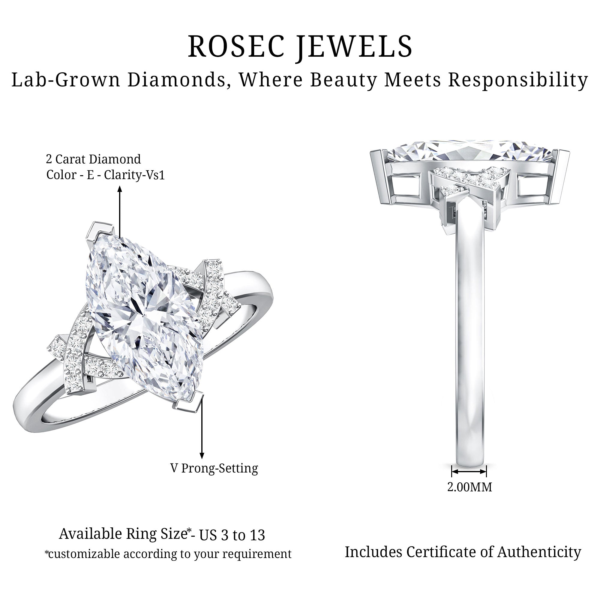 Rosec Jewels-Marquise Cut IGI Certified Lab Grown Diamond Statement Engagement Ring 2 Carat