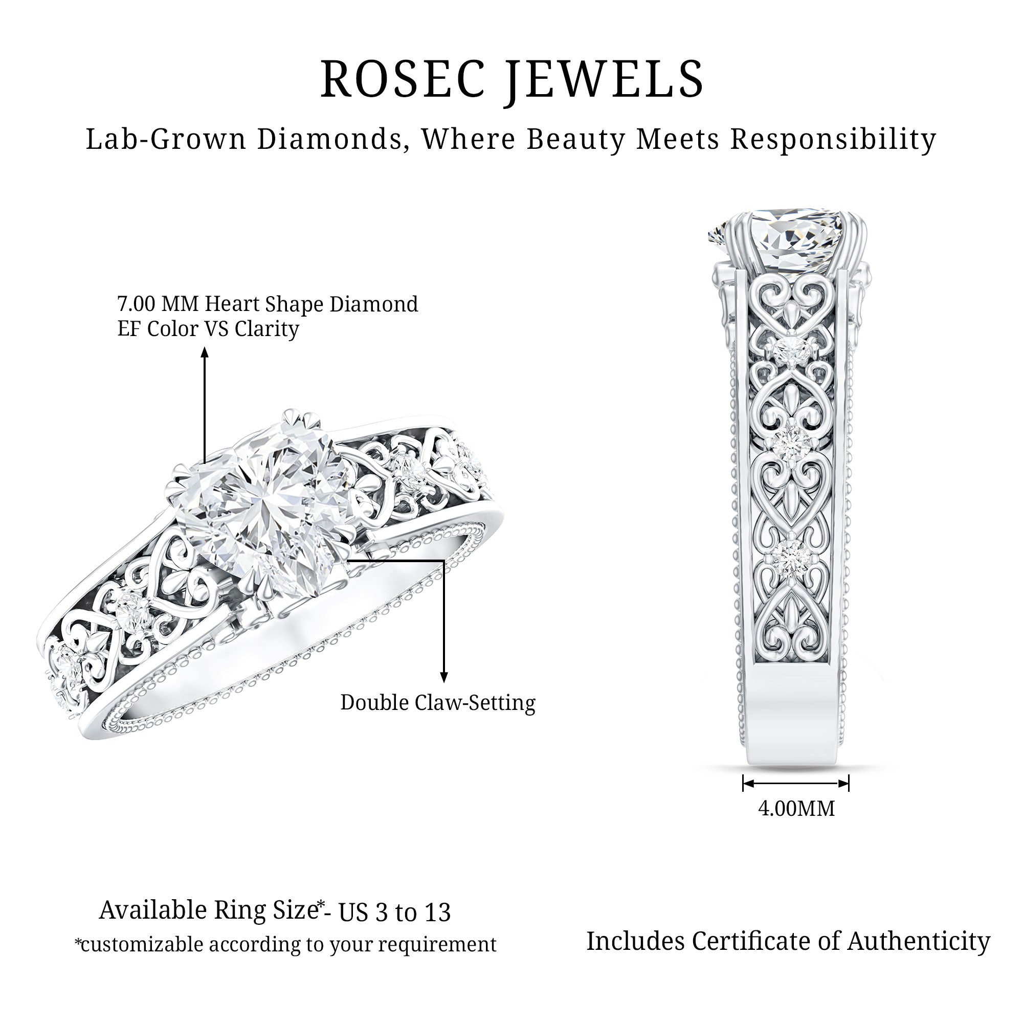 IGI Certified 1 Carat Lab Diamond Heart Engagement Ring with Antique Inspired Filigree Detail Lab - ( E-VS1 ) - Rosec Jewels