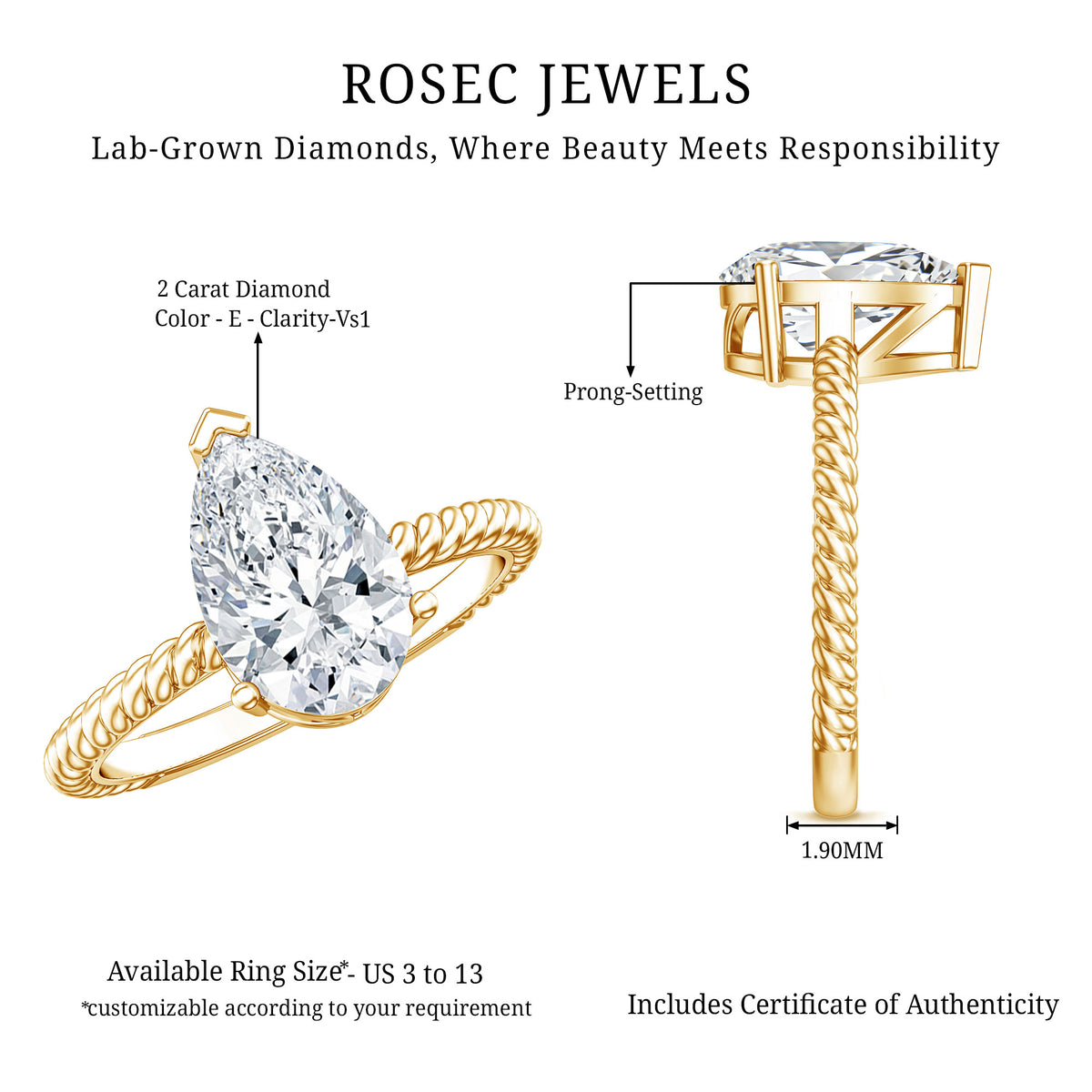 Pear Shaped 2 Carat Lab Grown Diamond Solitaire Engagement Ring IGI Certified Lab - ( E-VS1 ) - Rosec Jewels