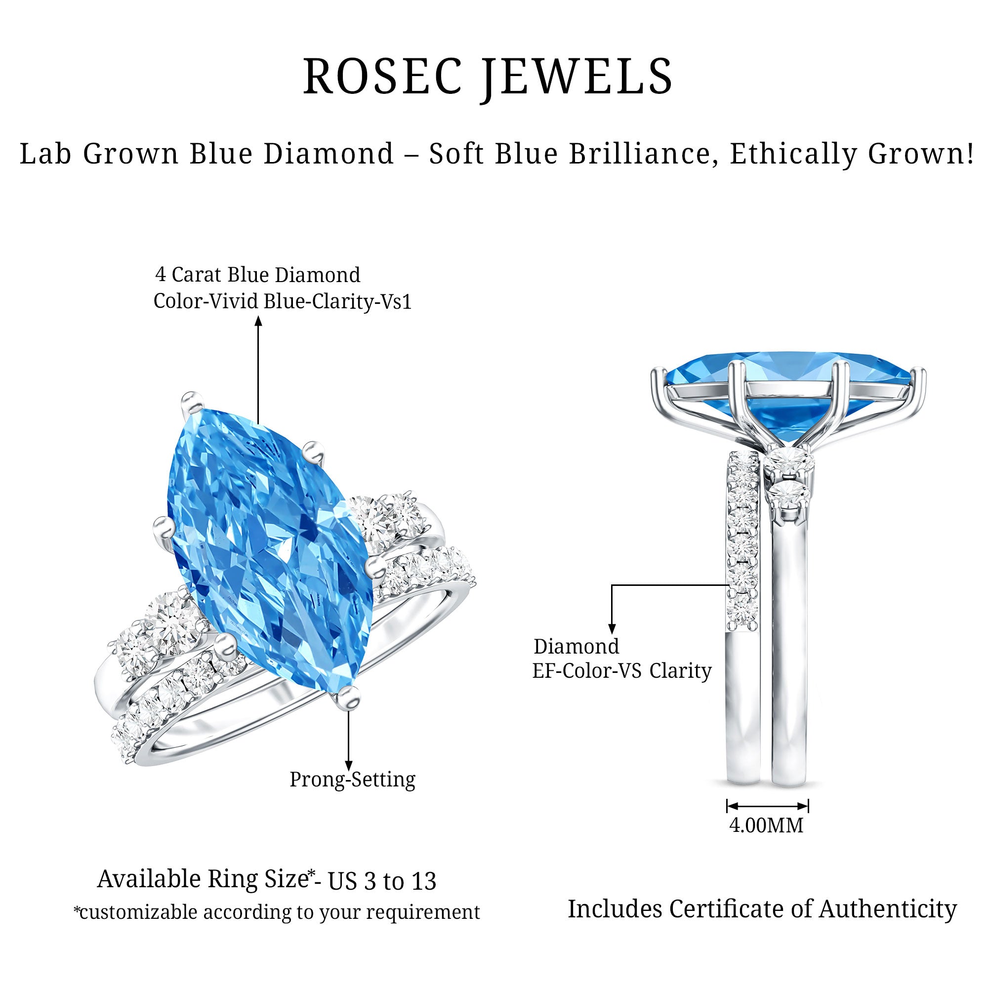 Rosec Jewels-Huge 4 Carat Lab Grown Blue Diamond Solitaire Bridal Ring Set with IGI Certificate