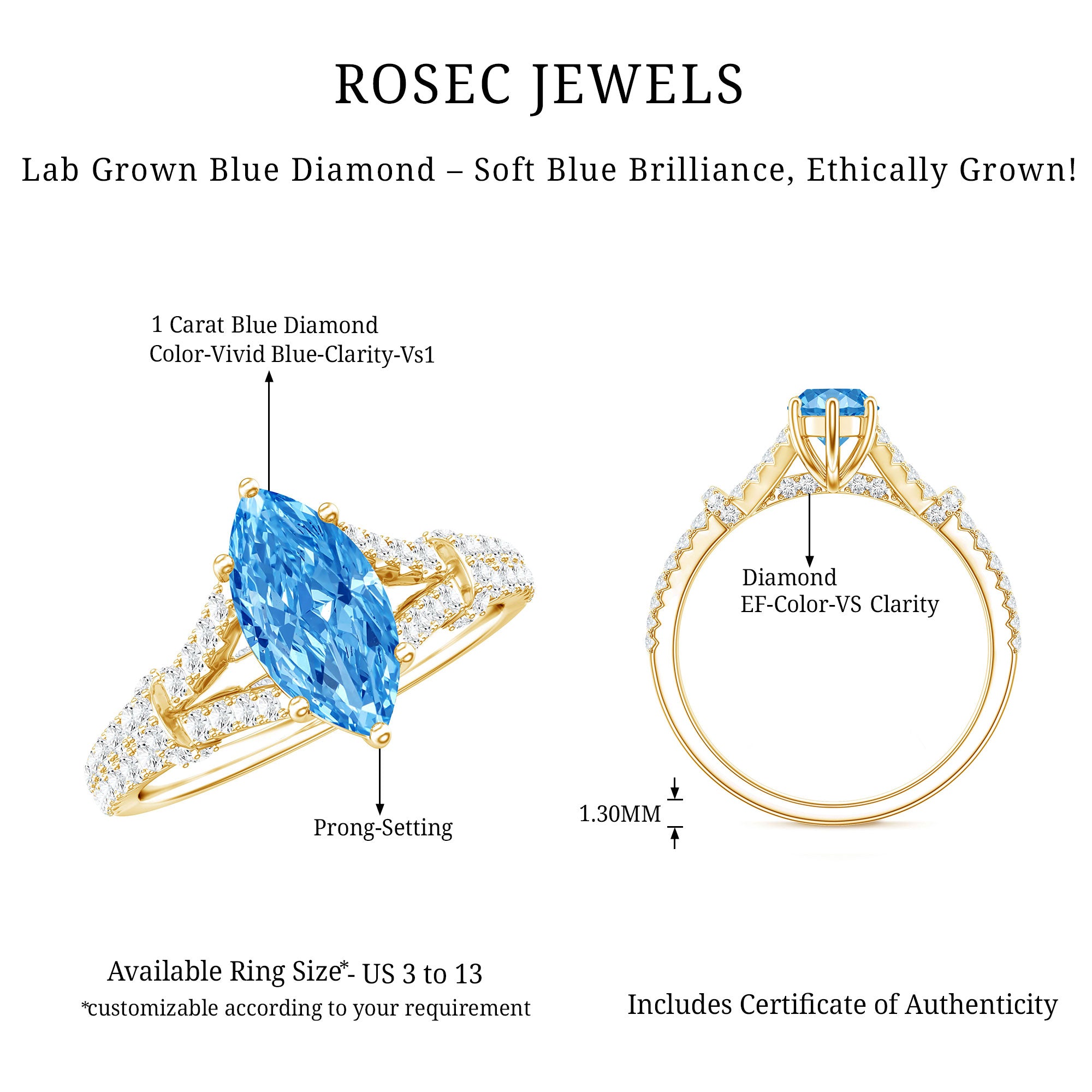 Rosec Jewels-IGI Certified 1 Carat Lab Grown Blue Diamond Engagement Ring with Split Shank