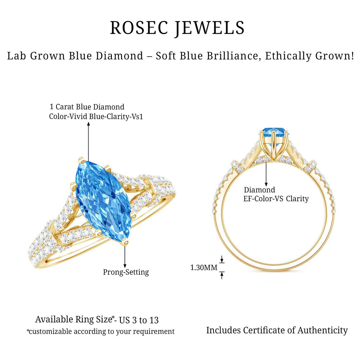 IGI Certified 1 Carat Lab Grown Blue Diamond Engagement Ring with Split Shank Vivid Blue - VS1 - Rosec Jewels