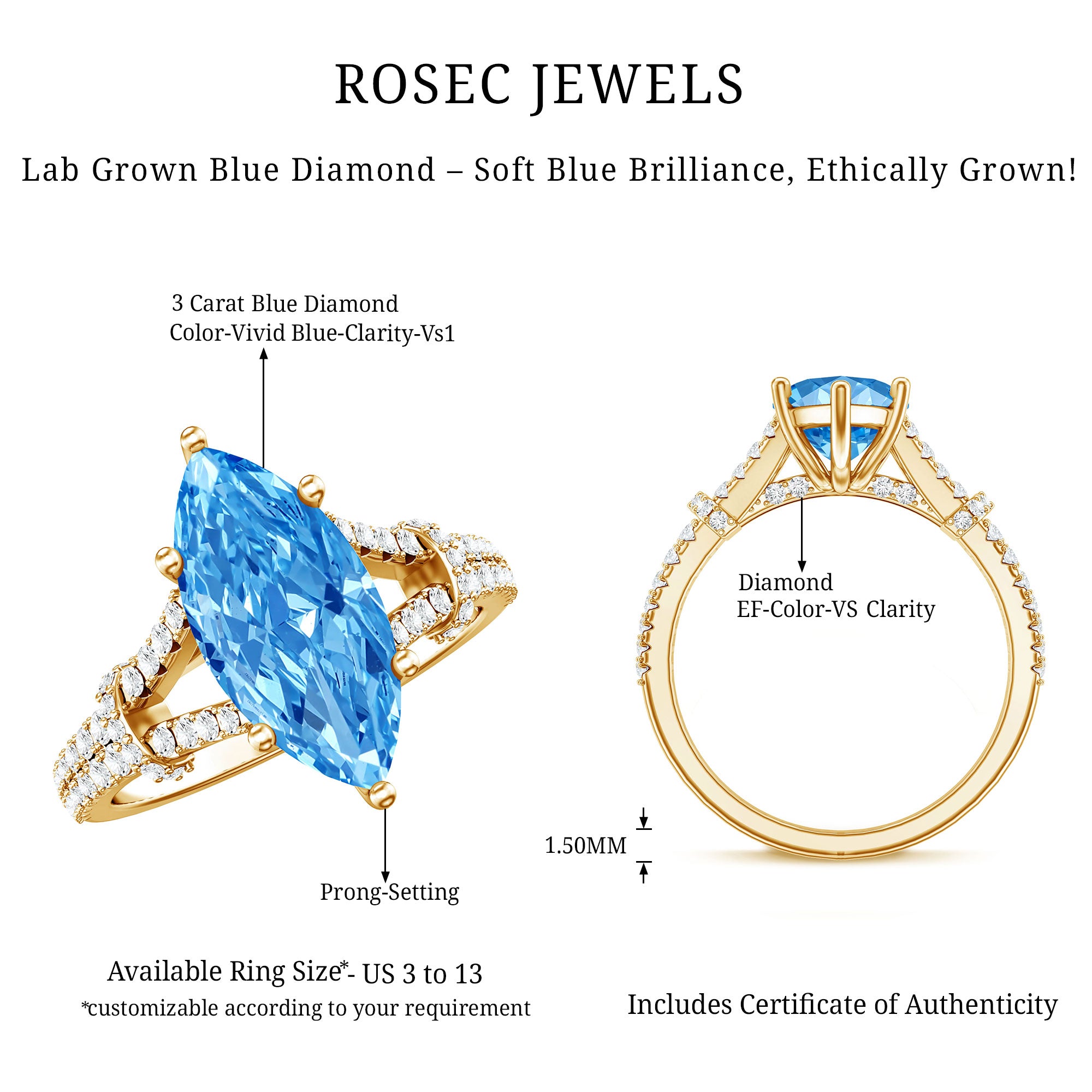 Rosec Jewels-IGI Certified 3 Carat Blue Lab Grown Diamond Marquise Engagement Ring with Split Shank