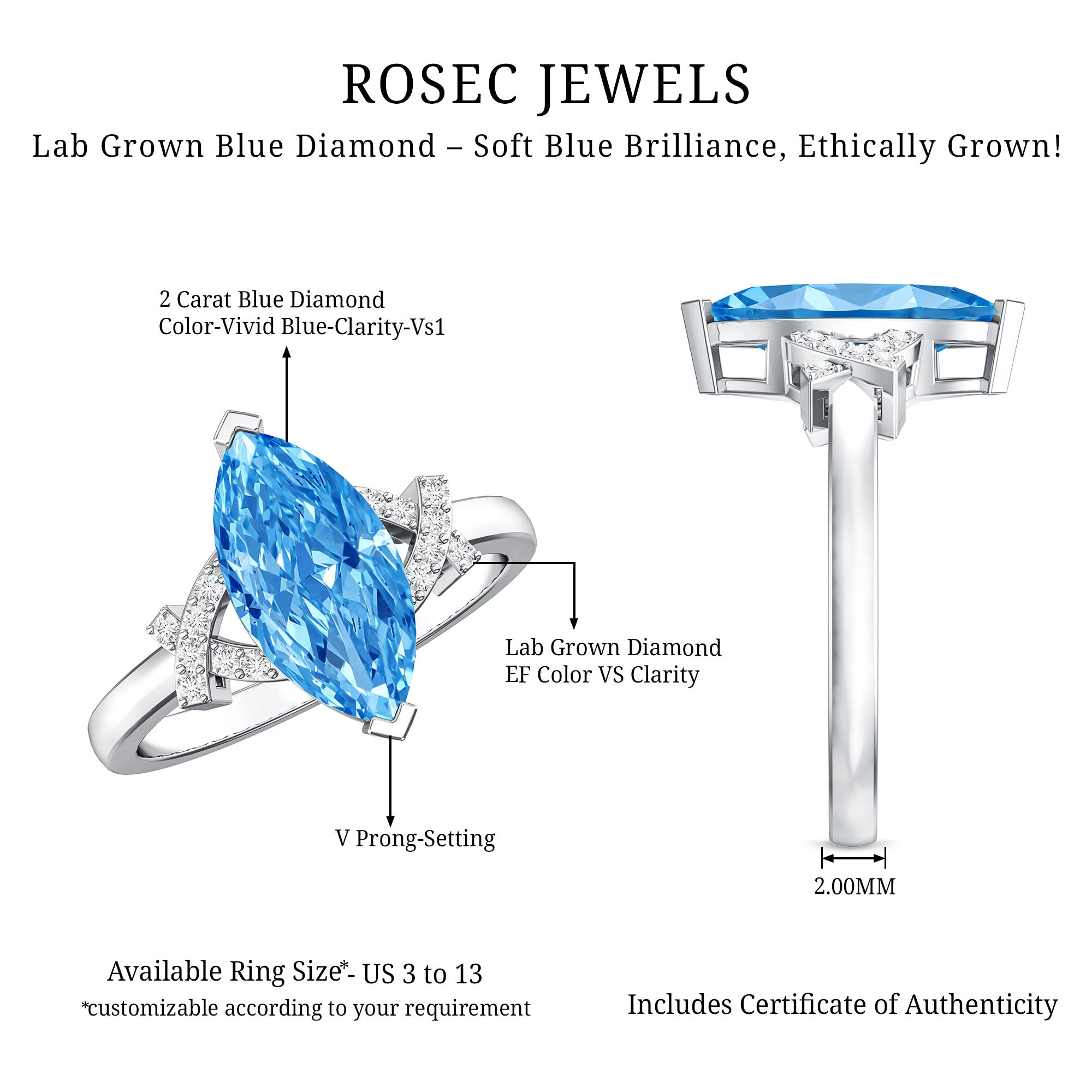 Rosec Jewels-2 Carat Solitaire Lab Grown Blue Diamond Marquise Engagement Ring IGI Certified
