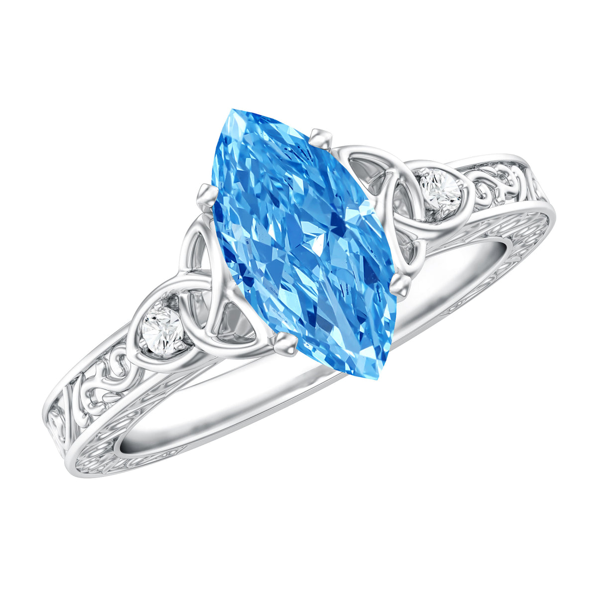 IGI Certified 1 Carat Marquise Lab Grown Blue Diamond Celtic Knot Engagement Ring Vivid Blue - VS1 - Rosec Jewels