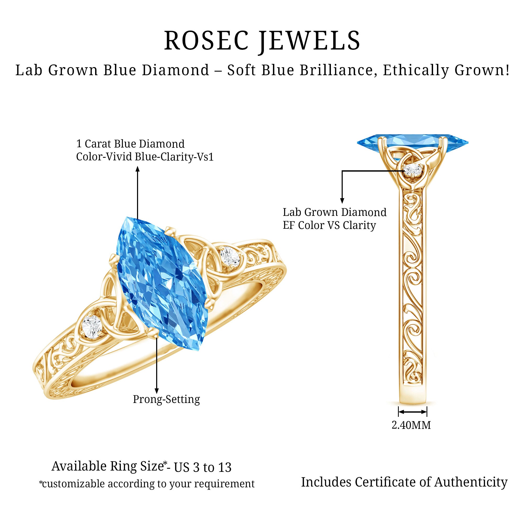 Rosec Jewels-IGI Certified Vintage Looking 1 Carat Lab Blue Diamond Knot Engagement Ring