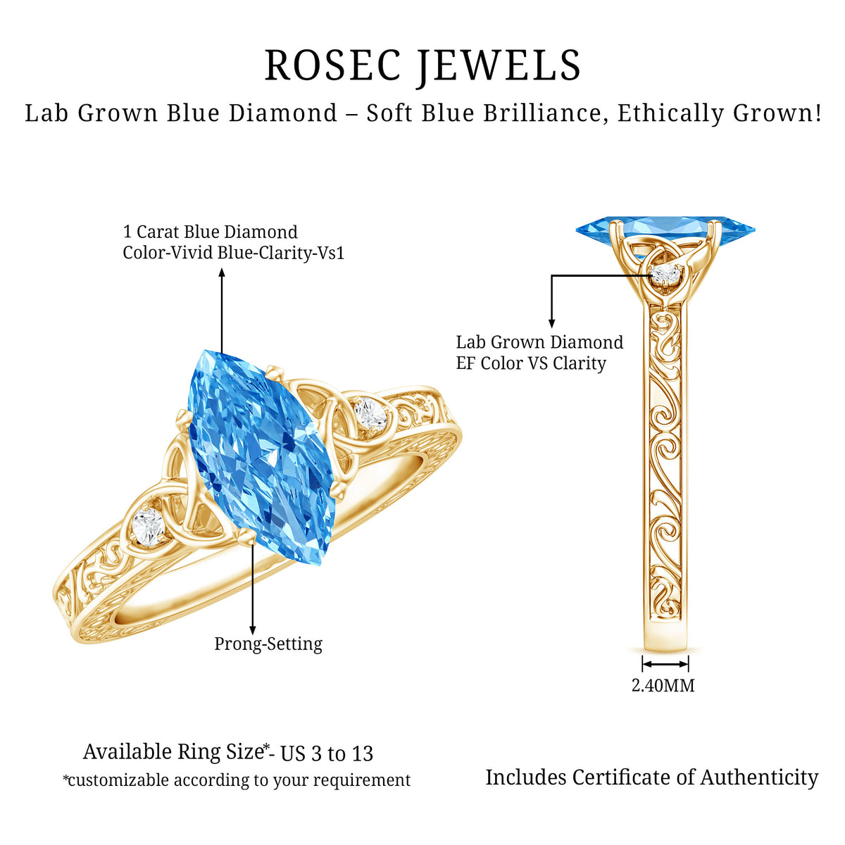 IGI Certified 1 Carat Marquise Lab Grown Blue Diamond Celtic Knot Engagement Ring Vivid Blue - VS1 - Rosec Jewels