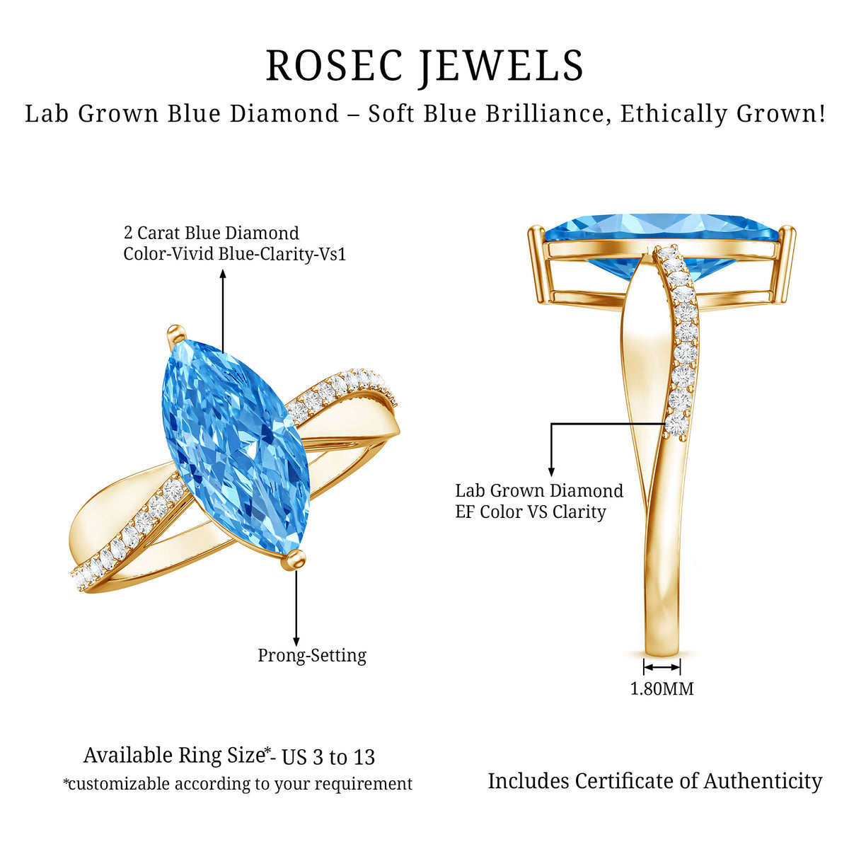 IGI Certified 2 Carat Marquise Lab Grown Blue Diamond Engagement Ring with Side Stones Vivid Blue - VS1 - Rosec Jewels