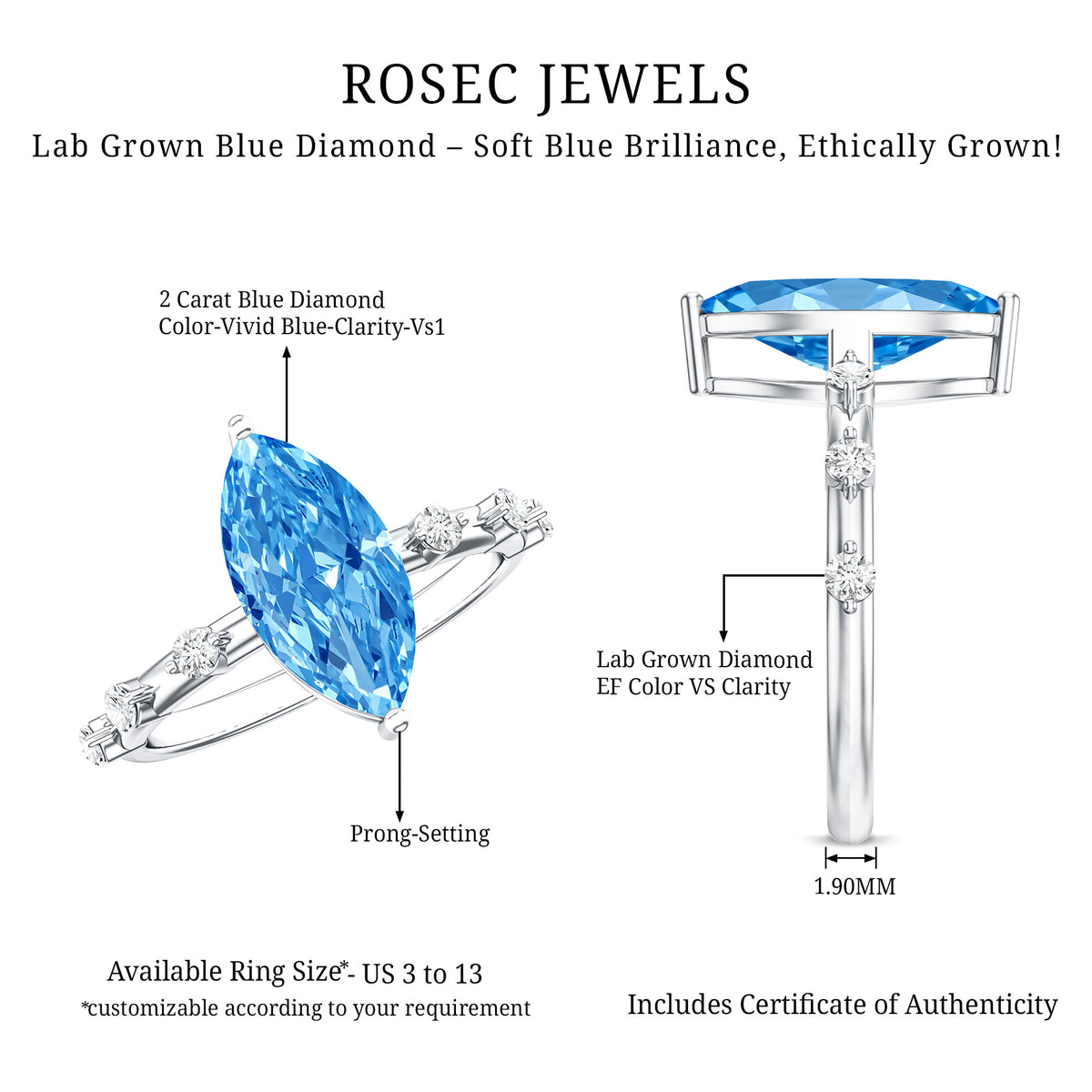 2 Carat Marquise Lab Grown Blue Diamond Engagement Ring with IGI Certificate Vivid Blue - VS1 - Rosec Jewels