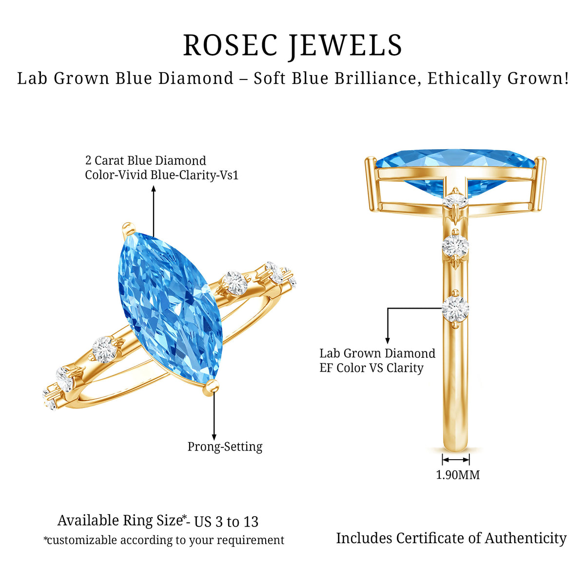 2 Carat Marquise Lab Grown Blue Diamond Engagement Ring with IGI Certificate Vivid Blue - VS1 - Rosec Jewels