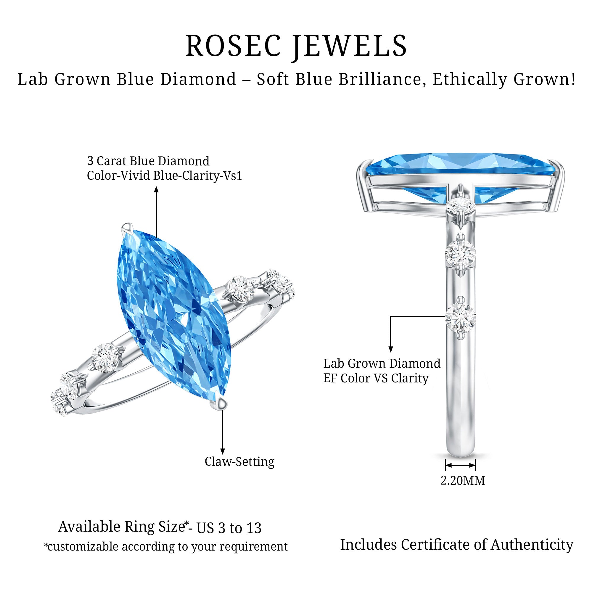 Rosec Jewels-IGI Certified 3 Carat Lab Grown Blue Diamond Marquise Engagement Ring with Spaced Accent