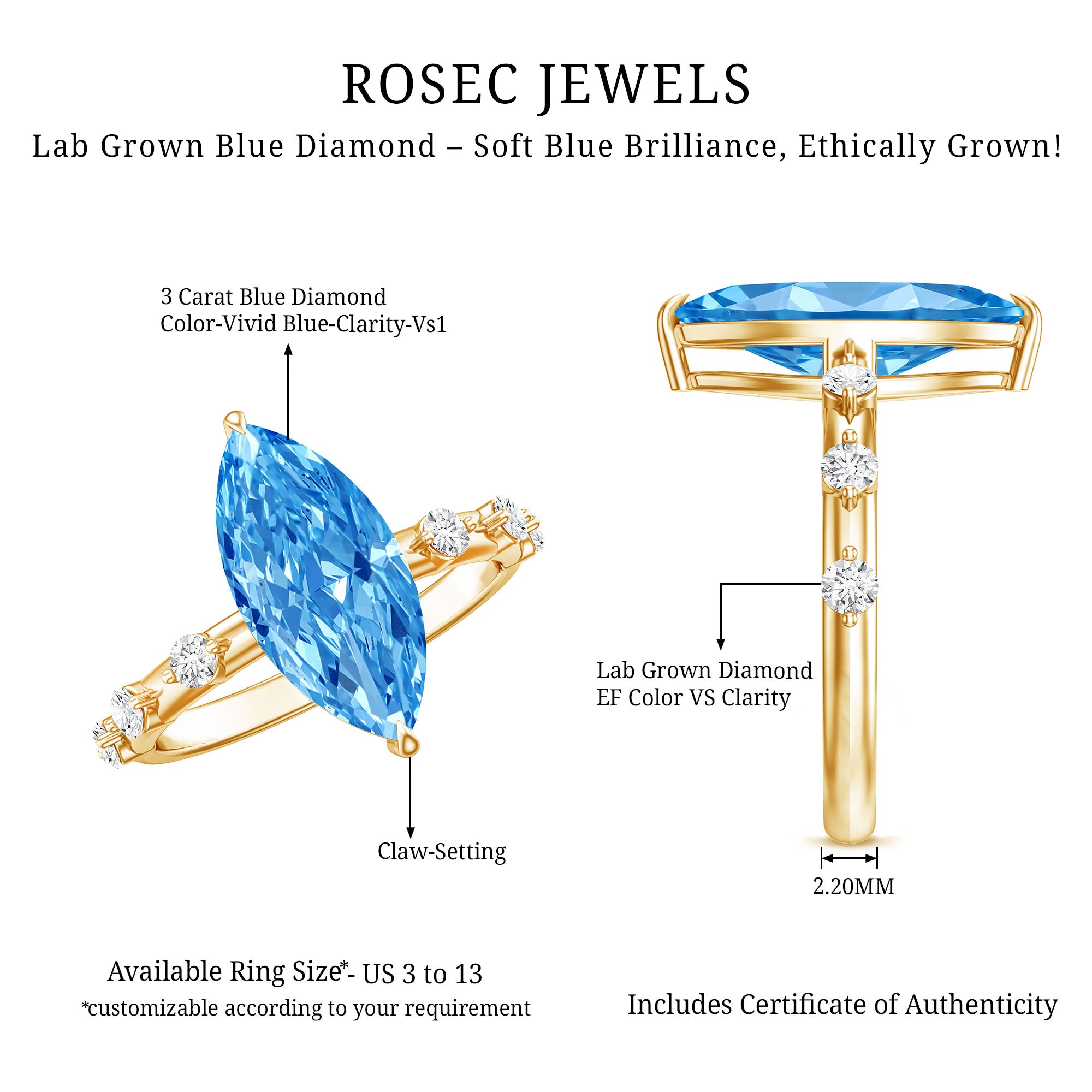 Rosec Jewels-IGI Certified 3 Carat Lab Grown Blue Diamond Marquise Engagement Ring with Spaced Accent