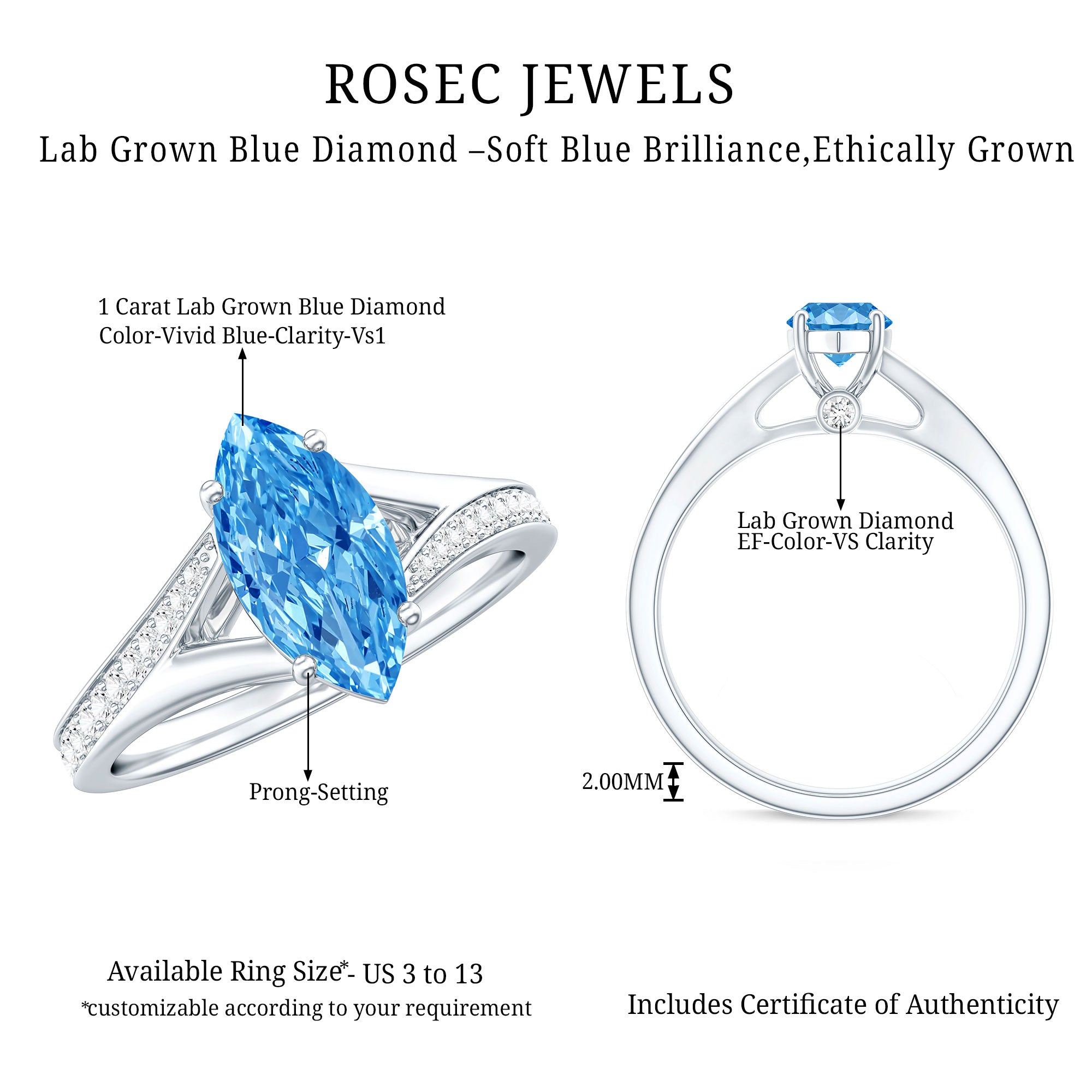 Rosec Jewels-Marquise Cut IGI Certified 1 Carat Lab Grown Blue Diamond Engagement Ring with Split Shank