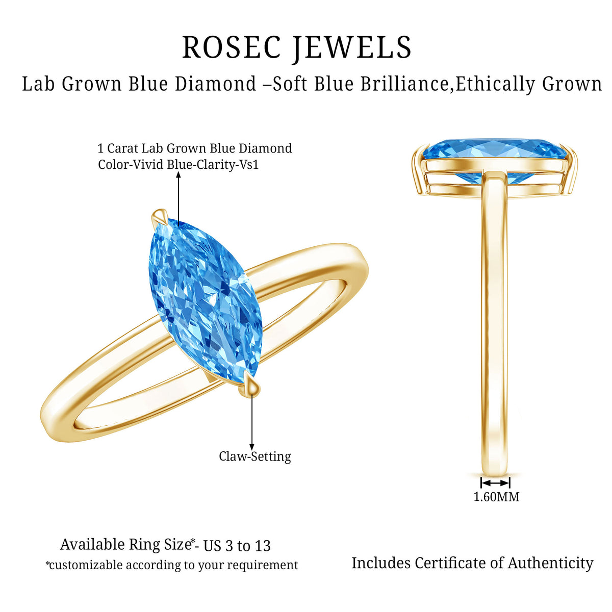 Solitaire 1 Carat Marquise Cut Lab Grown Blue Diamond Engagement Ring with IGI Certificate Vivid Blue - VS1 - Rosec Jewels